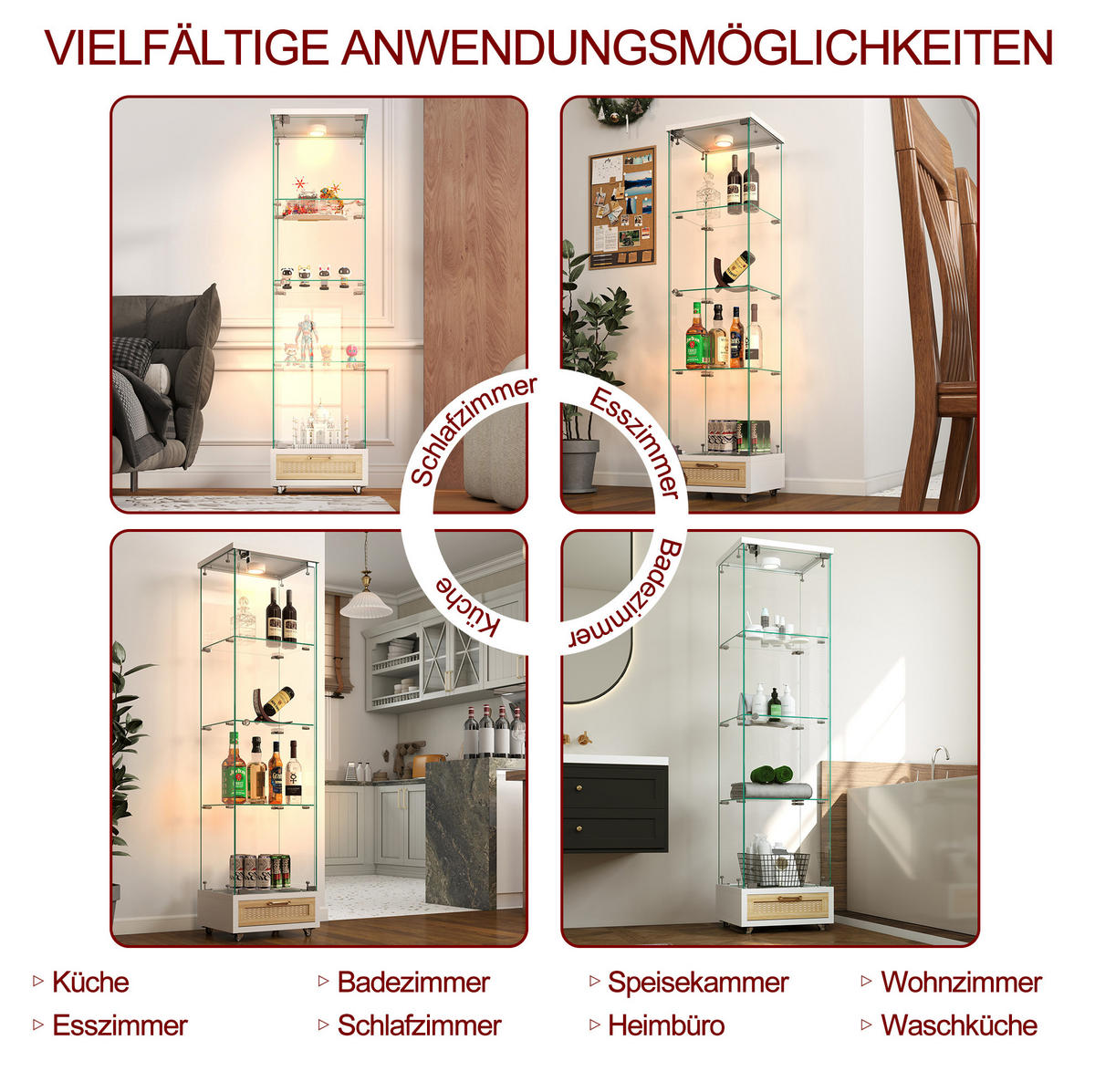 VITRINE aus MDF und Glas 36,5x42,5x167 cm Weiß mit LED-Beleuchtung, Rollen und abschließbarem Stauraum - Weiß, Holzwerkstoff (42.5/167/36.5cm) - Modfu