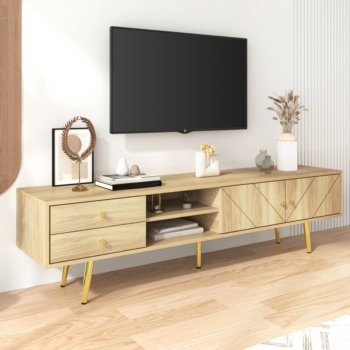 TV stolek 160/36/42 cm s dvěma zásuvkami, dvěma dvířky a otevřenými policemi, dekor dřeva - hnědá, kompozitní dřevo (160/42/36cm) - Redom