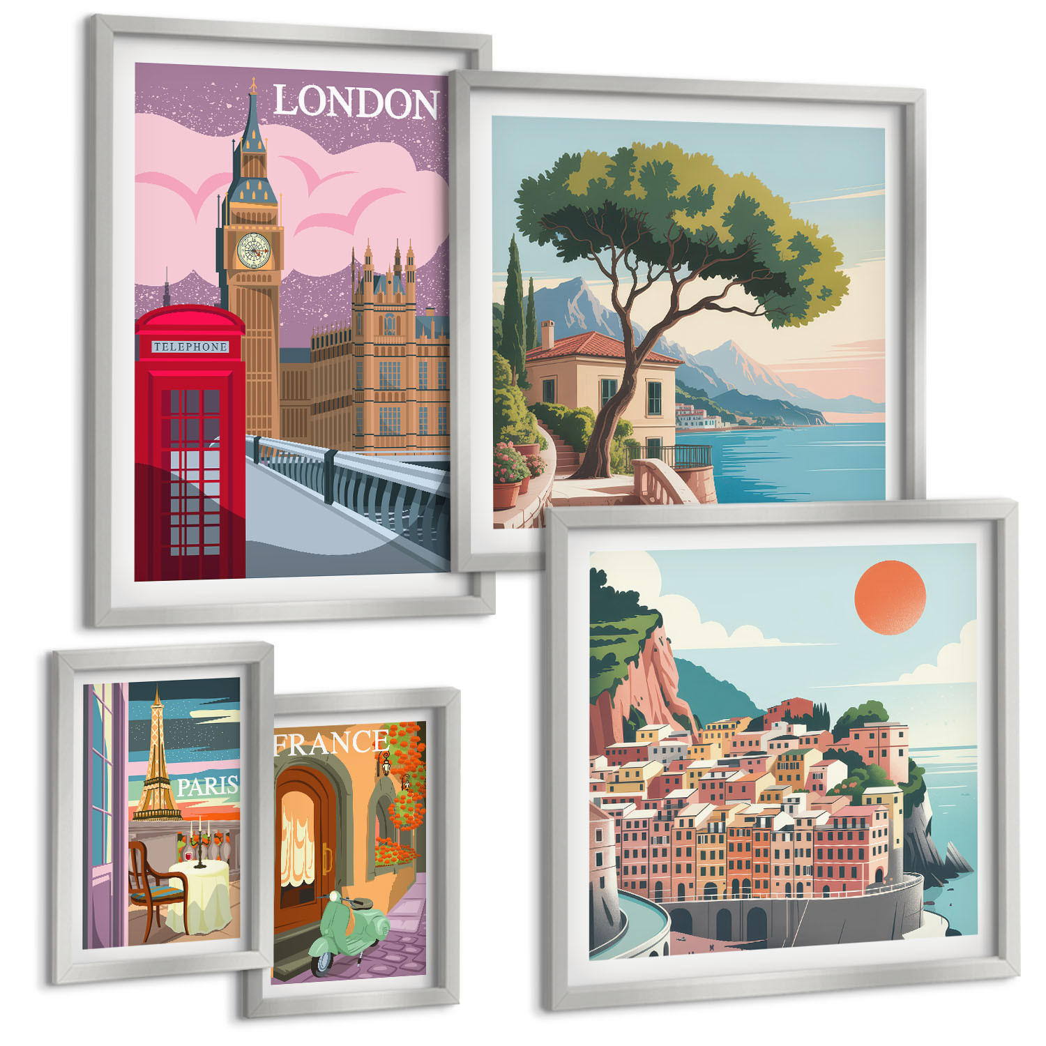 BILDER SET 5er Set - 50x50 cm & 20x30 cm & 40x60 cm Silberner Rahmen - Obstposter Zitronen Orangen - Silberfarben, Kunststoff (40/60cm) - TULUP