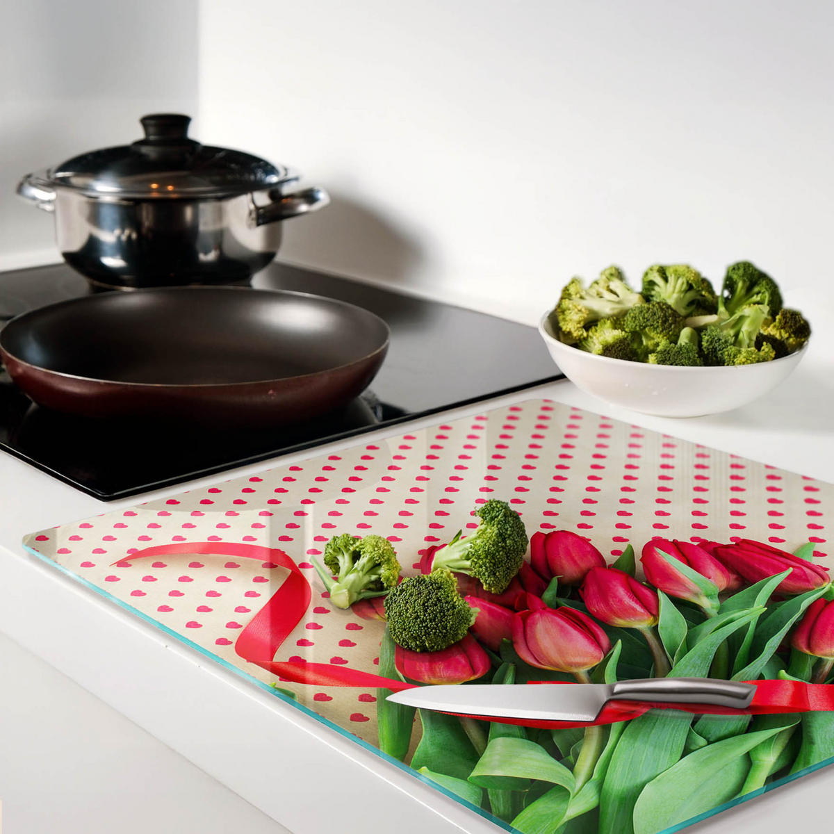 GLASPLATTE 60x52 cm Tulpenherzen - Rot, Glas (60/0.4/52cm) - TULUP