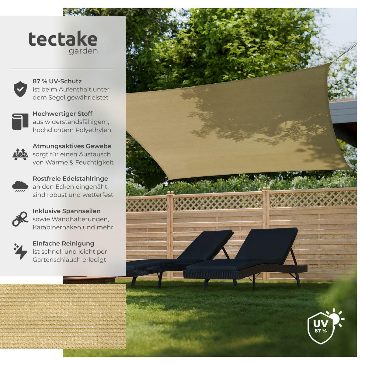 SONNENSEGEL Sunny,umfangreiches Montagematerial,Sand - Sandfarben, Kunststoff (400/300cm) - tectake