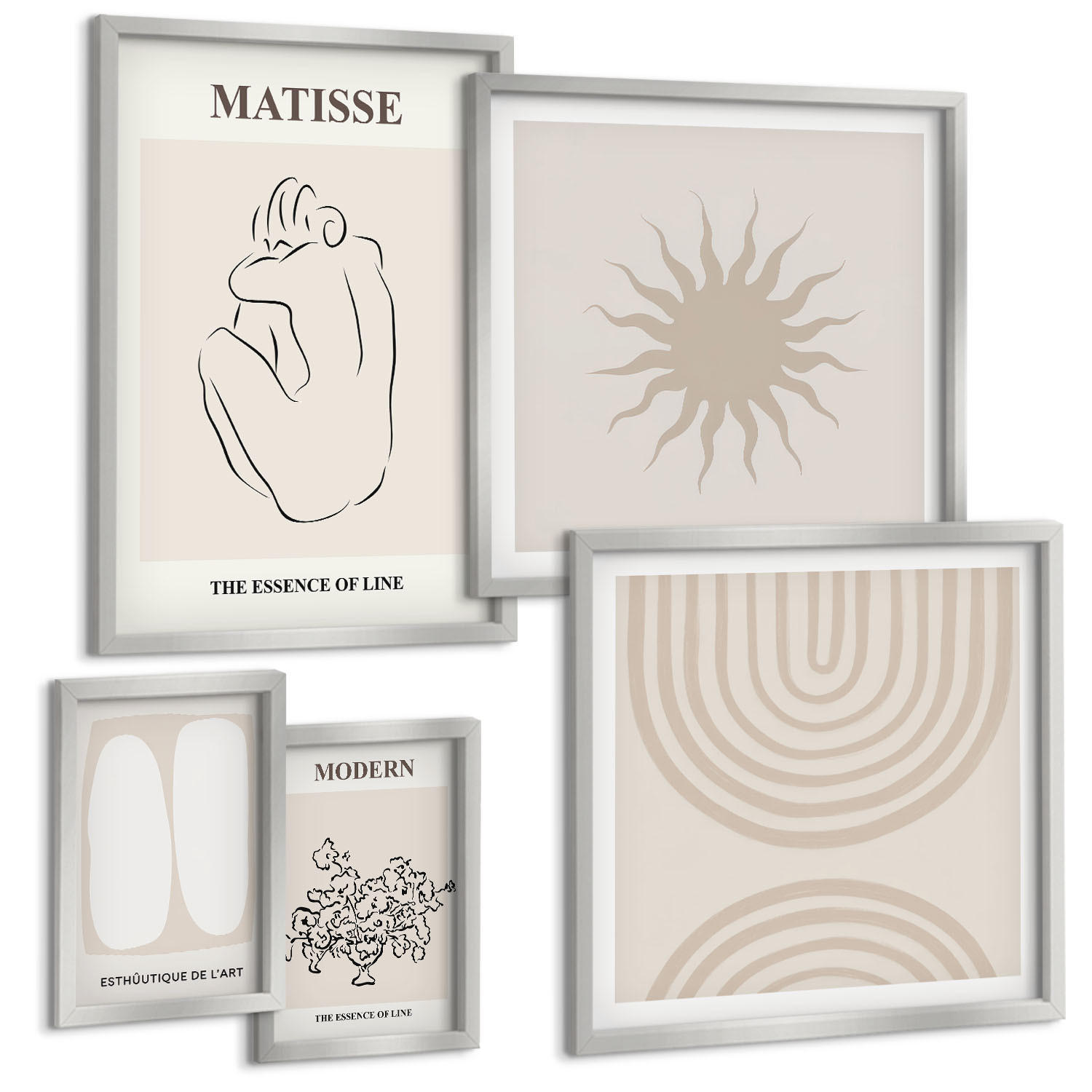 BILDER SET 5er Set - 50x50 cm & 20x30 cm & 40x60 cm Silberner Rahmen - Stilvolle minimalistische Linien - Silberfarben, Kunststoff (40/60cm) - TULUP