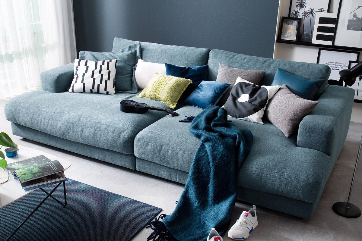 BIG SOFA MADELINE Petrol Webstoff - Petrol/Schwarz, Kunststoff/Textil (290/85/170cm) - KAWOLA