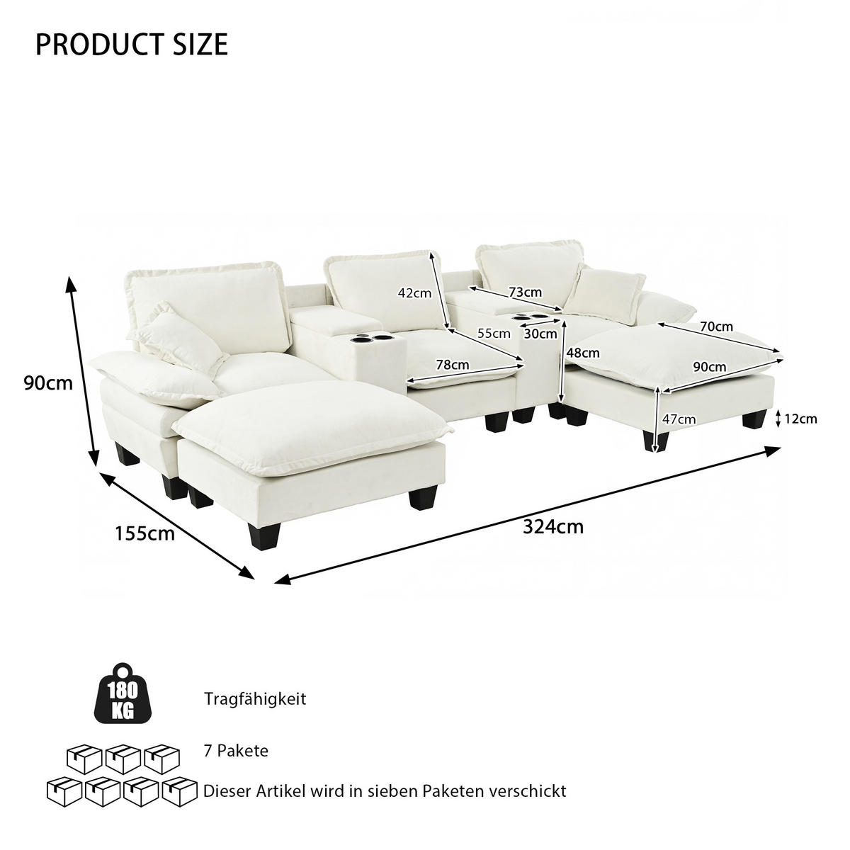 WOHNLANDSCHAFT 324/155/90 cm Beige mit 2 bewegliche Fußhocker, Getränkehaltern und Stauraum - Beige, Textil (323/90/151cm) - Oxeza