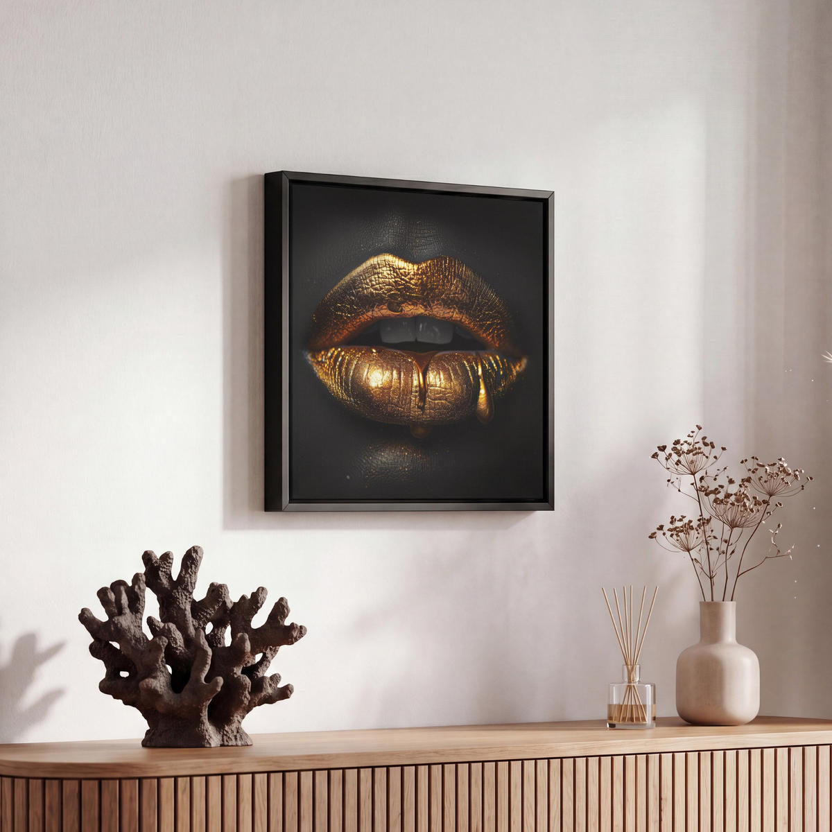 LEINWAND Bilder mit Rahmen - Frau - Porträt - Lippen - Gold - Schwarz - 20x20 - Schwarz, Textil (20/20cm) - MuchoWow