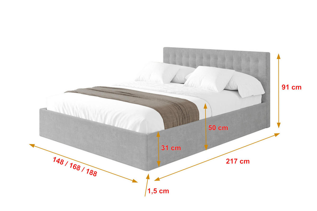 POLSTERBETT mit Bettkasten und Lattenrost, Boxbett ohne Matratze - PARI 180x200 Grau - Hellgrau, Holzwerkstoff/Textil (180/200cm) - ALTDECOR