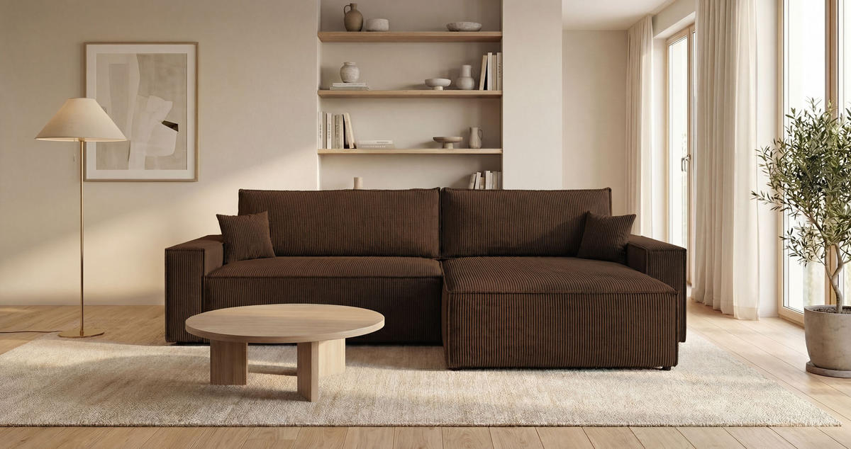 ECKSOFA VIENNA rechts braun Cord Poso 6 - Schlaffunktion, Bettkasten - Braun, Textil (285/184cm) - Cornero