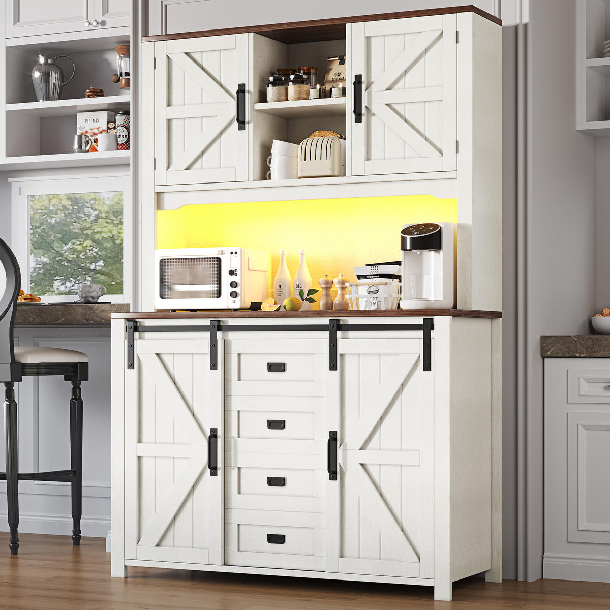 BUFFETSCHRANK, mit farbwechselnder LED-Beleuchtung und viel Stauraum, 115/40/174,7 cm, Weiß - Weiß, Holzwerkstoff (115/174.7/40cm) - Modfu