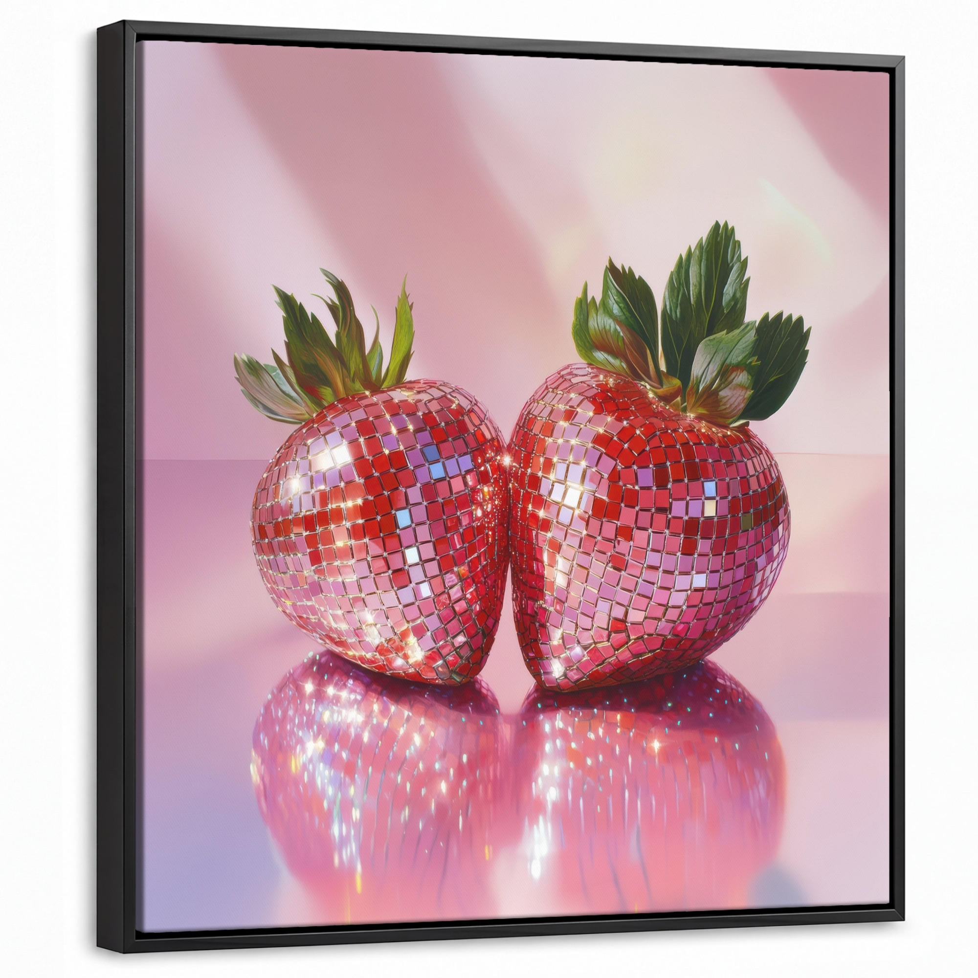 LEINWAND Bilder mit Rahmen - Disco - Obst - Glitzer - Erdbeere - 50x50 - Pink, Textil (50/50cm) - MuchoWow