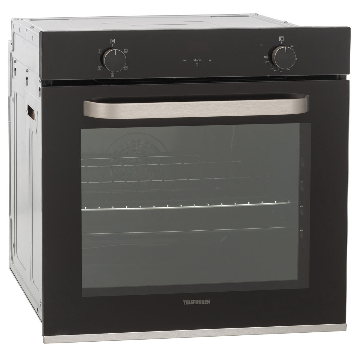 EINBAUBACKOFEN, autark, 73 Liter Volumen, 60 cm Backofen, 5 Betriebsarten, Edelstahl, Umluft/Ober-Unterhitze, einfache Reinigung, B-OV-75-A-I - Schwarz, Metall (59.5/59.5/57.5cm) - Telefunken