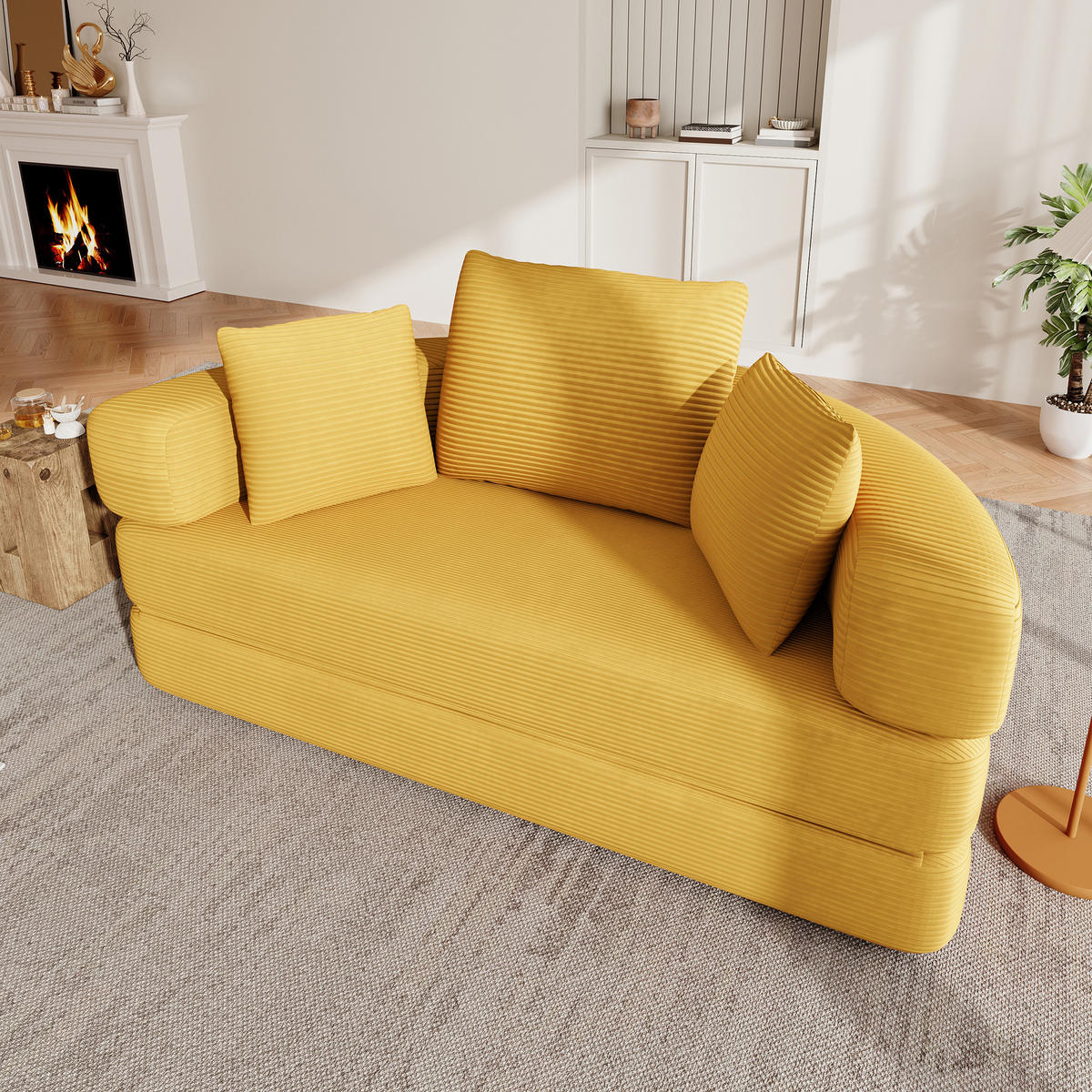 SOFA Gelb 173x176 cm,Cordstoff Modular Schlafsofa mit 3 Kissen Schlafsofa - Gelb, Textil (173/60/176cm) - PARAFTA HOME