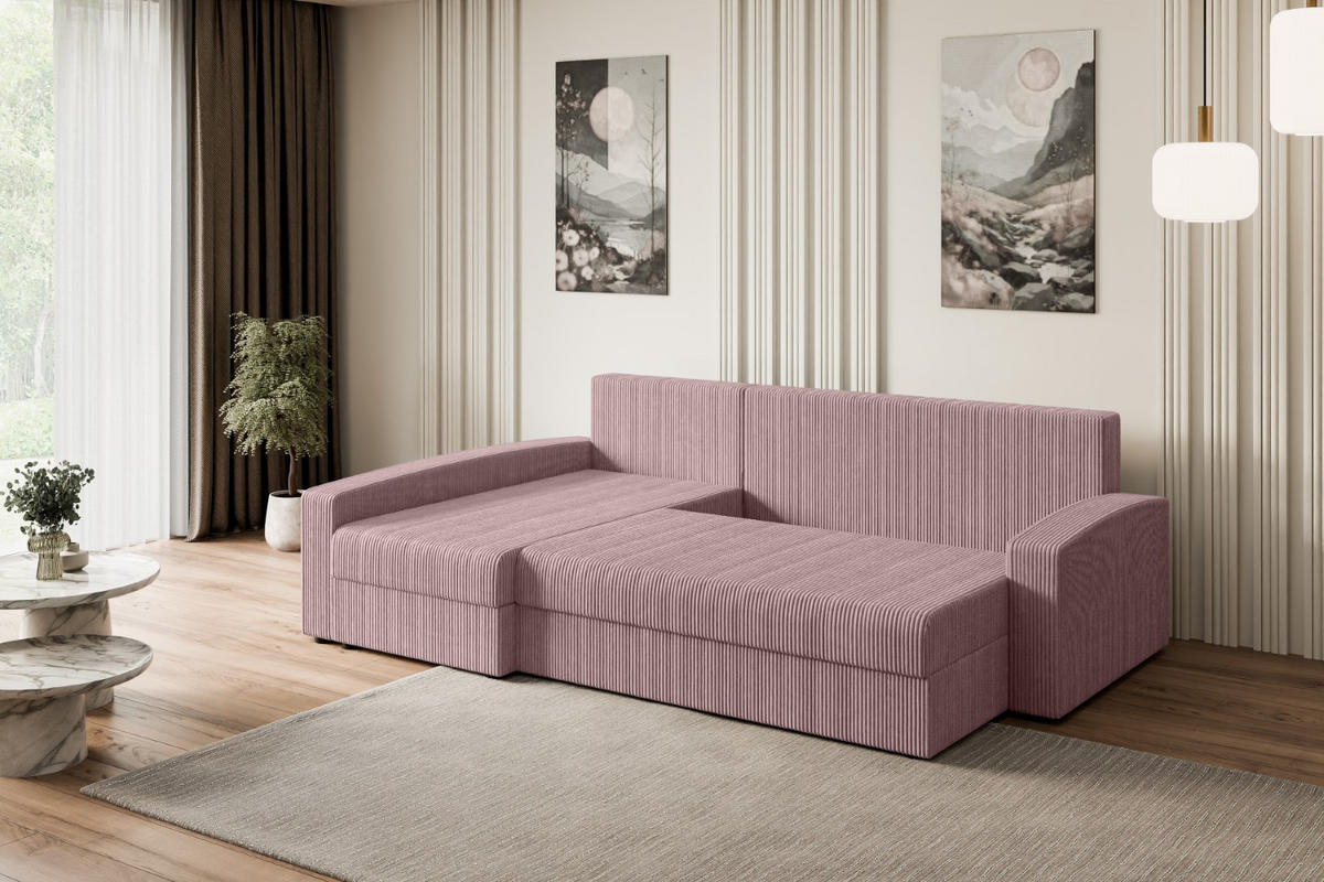 ECKSOFA mit Schlaffunktion und Bettkasten ALESIA-L 231x140x90 cm Rosa Cord - Silberfarben/Rosa, Holzwerkstoff/Kunststoff (231/140cm) - ALTDECOR