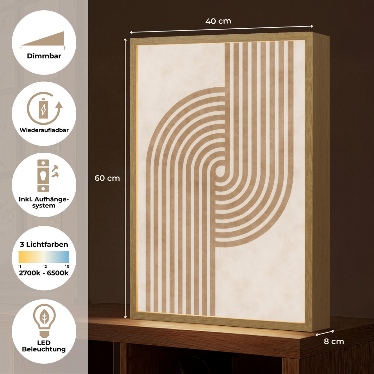 NÁSTĚNNÁ LAMPA S AKUMULÁTOREM Symetrický ohyb - měděná barva 40x60 cm - béžová, kompozitní dřevo (40/60/8cm) - OnlyWow