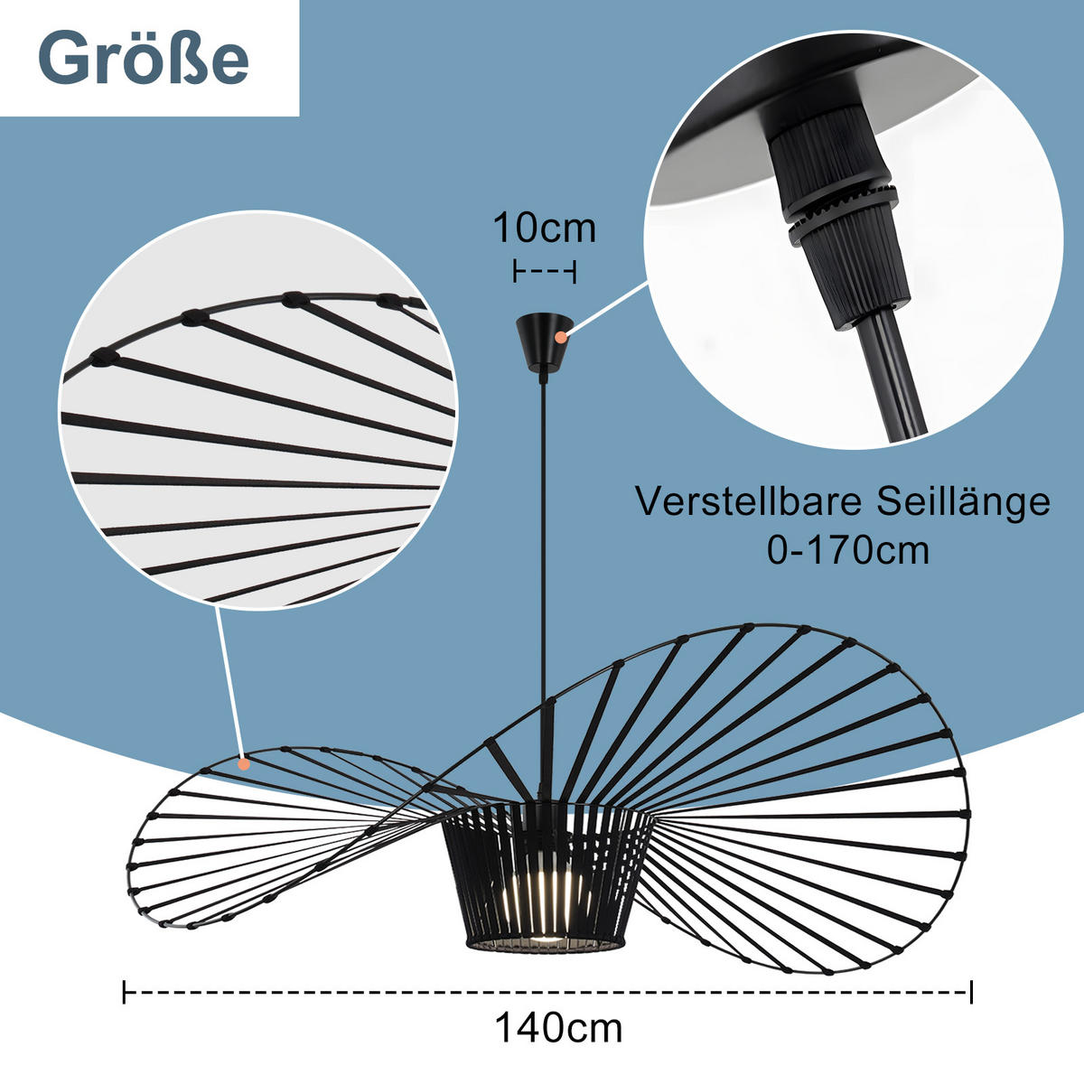 HÄNGELEUCHTE Strohhut 140/140/150 cm - Schwarz, Metall (140/140/150cm) - Nettlife