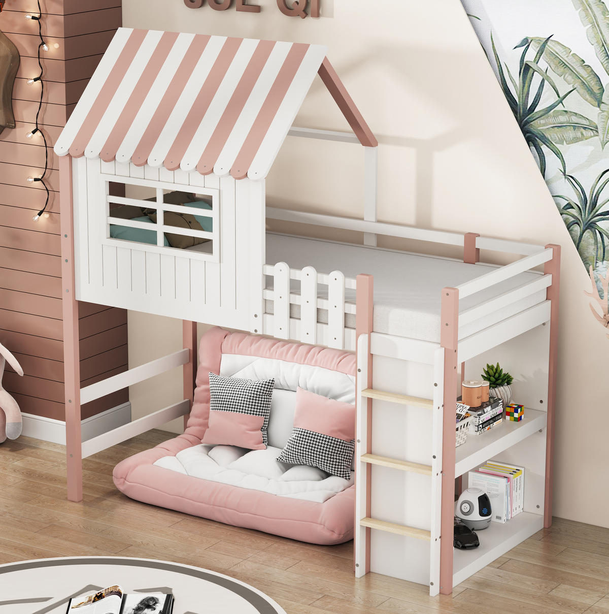 HOCHBETT 90/200 cm in Rosa – mit Dach, Leiter und Rausfallschutz - Pink, Holz (90/200cm) - BEAOK