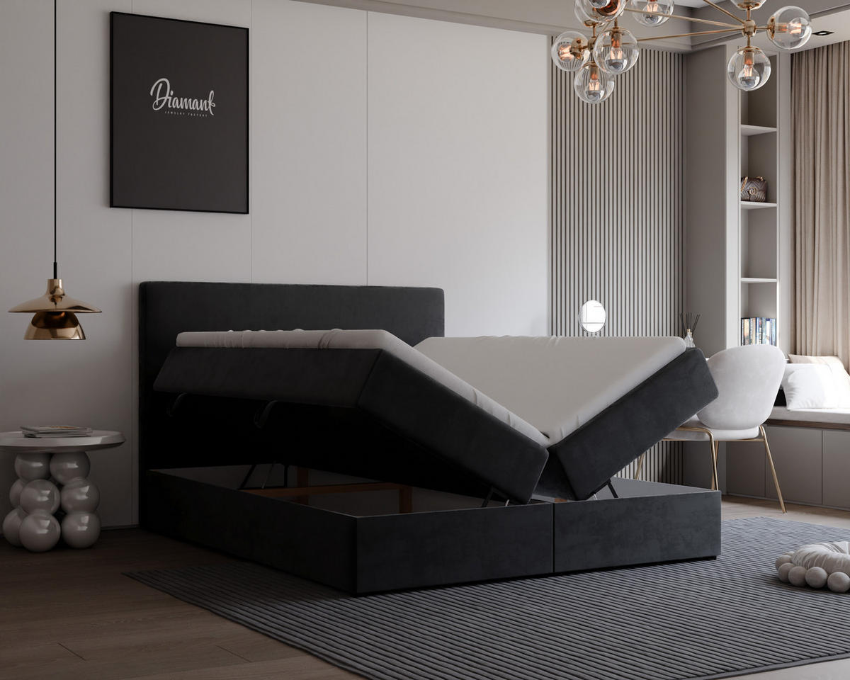 BOXBETT GIULIA 160/200 cm mit Matratze und Topper, Schwarz - Schwarz, Textil (160/200cm) - Idohome