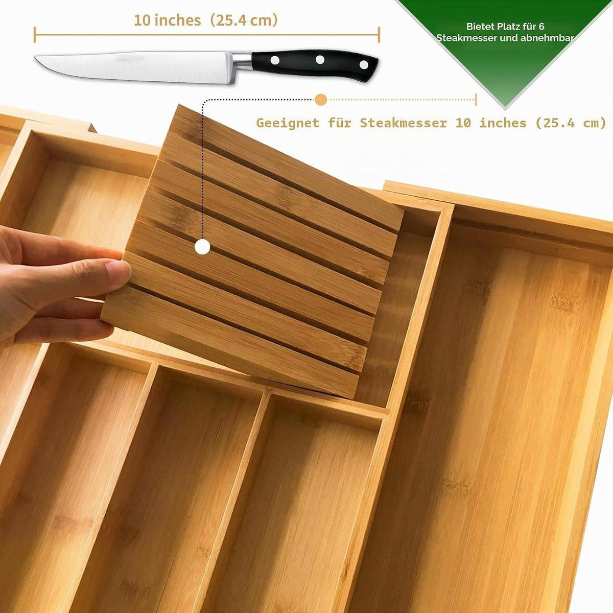 BESTECKKASTEN Bambus erweiterbar 32-55 cm mit Messerblock Natur - Braun, Naturmaterialien (55/5/43cm)
