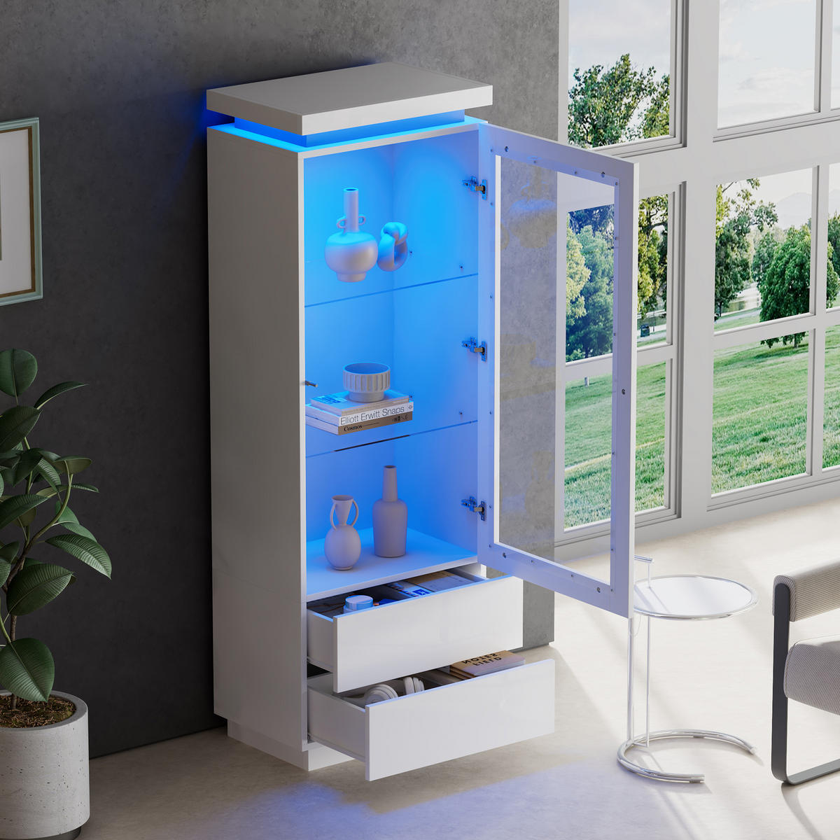 VITRINE LED Hochglanz Glasvitrine 2 Schubladen Weiß 171cm - Weiß, Holzwerkstoff (60/171/40cm) - FLIEKS