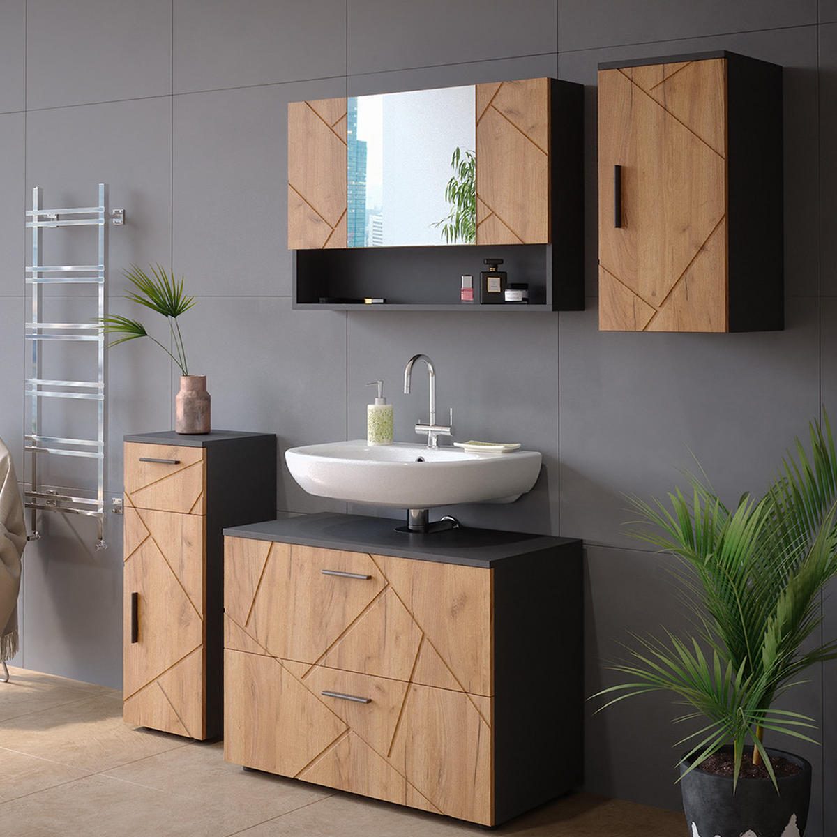 BADSCHRANK Irma Goldkraft Eiche/Anthrazit 30 x 59 cm - Anthrazit/Eiche Wotan, Holzwerkstoff (30/59/24cm) - Vicco