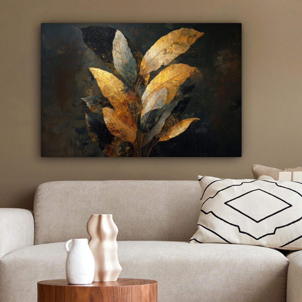 SLIKA NA PLATNU Listje 60x40 cm - zlate barve/črna, tekstil (60/40cm) - MuchoWow
