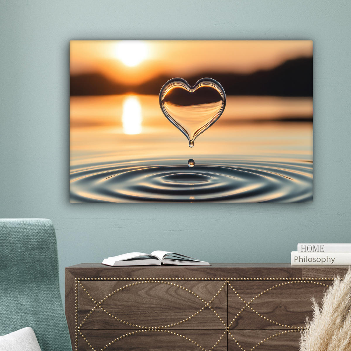 LEINWANDBILD - Herz - Wasser - Sonnenuntergang - Natur - Zen - 60x40 - Wanddeko Schlafzimmer - Bernsteinfarben, Textil (60/40cm) - MuchoWow