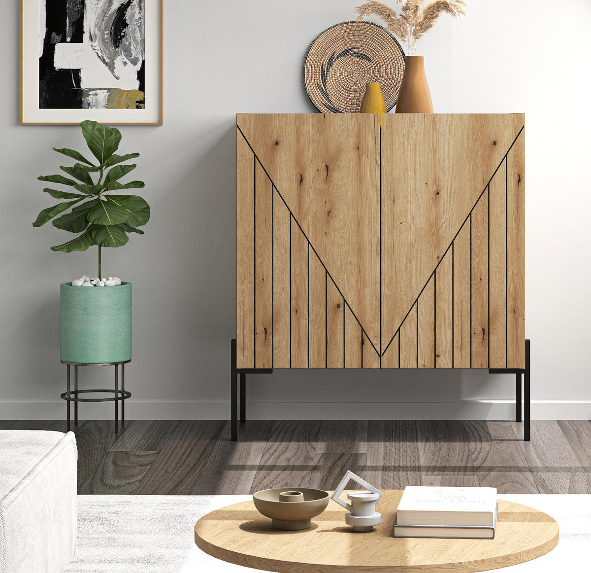 KOMMODE Evoke Eiche 80 x 91 cm, Sideboard mit Soft-Close - Eichefarben/Schwarz, Holzwerkstoff/Metall (80/91/40cm) - Inn.Furn