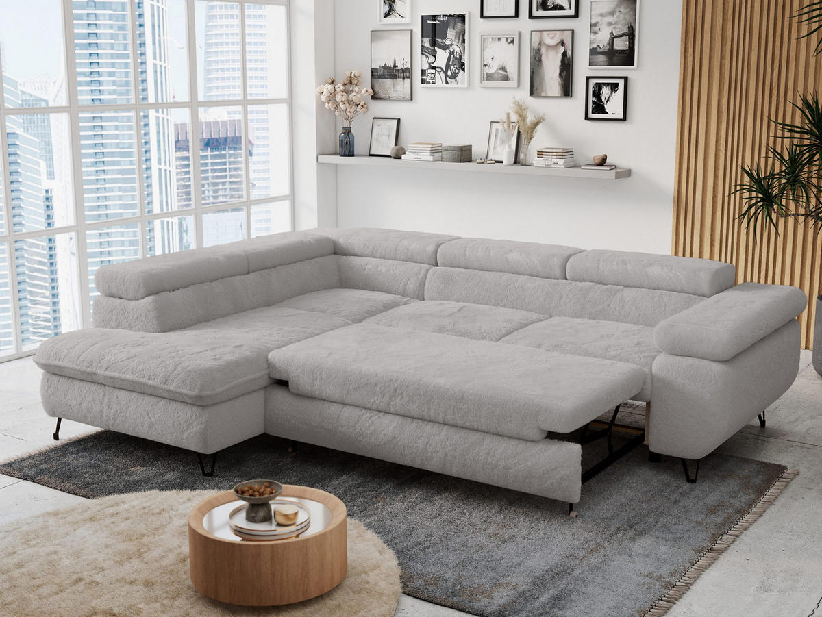 ECKSOFA PETER L Hellgrau Plüsch - Links Seite - Hellgrau/Schwarz, Textil/Metall (208/273cm) - MKS