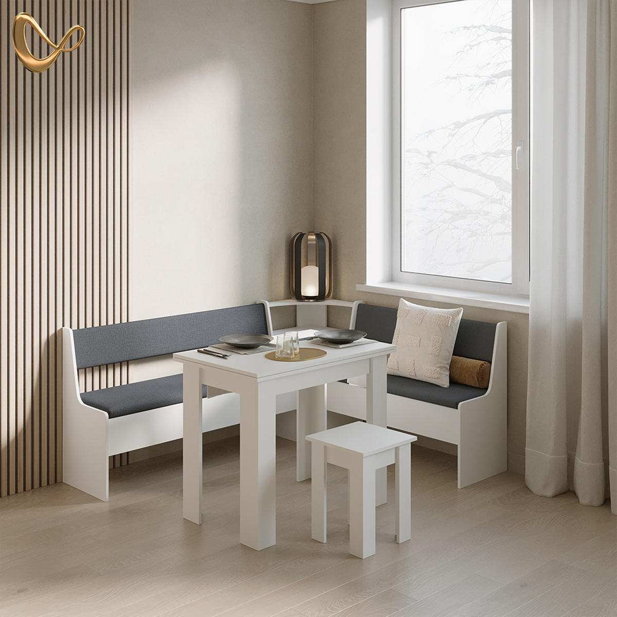 ECKBANKGRUPPE Tiberio Weiß 180 x 150 cm mit Tisch - Weiß, Holzwerkstoff (180/80/150cm) - Livinity®