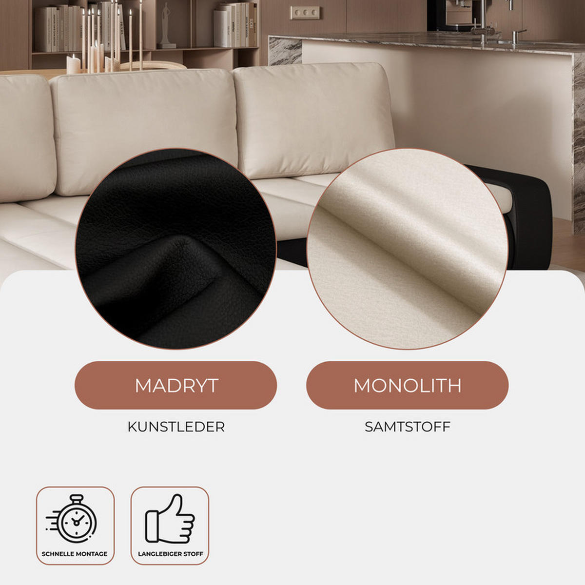 ECKSOFA VELANO mit Schlaffunktion und Bettkasten Schwarz/Beige - Beige, Holzwerkstoff/Kunststoff (250/160cm) - Idohome