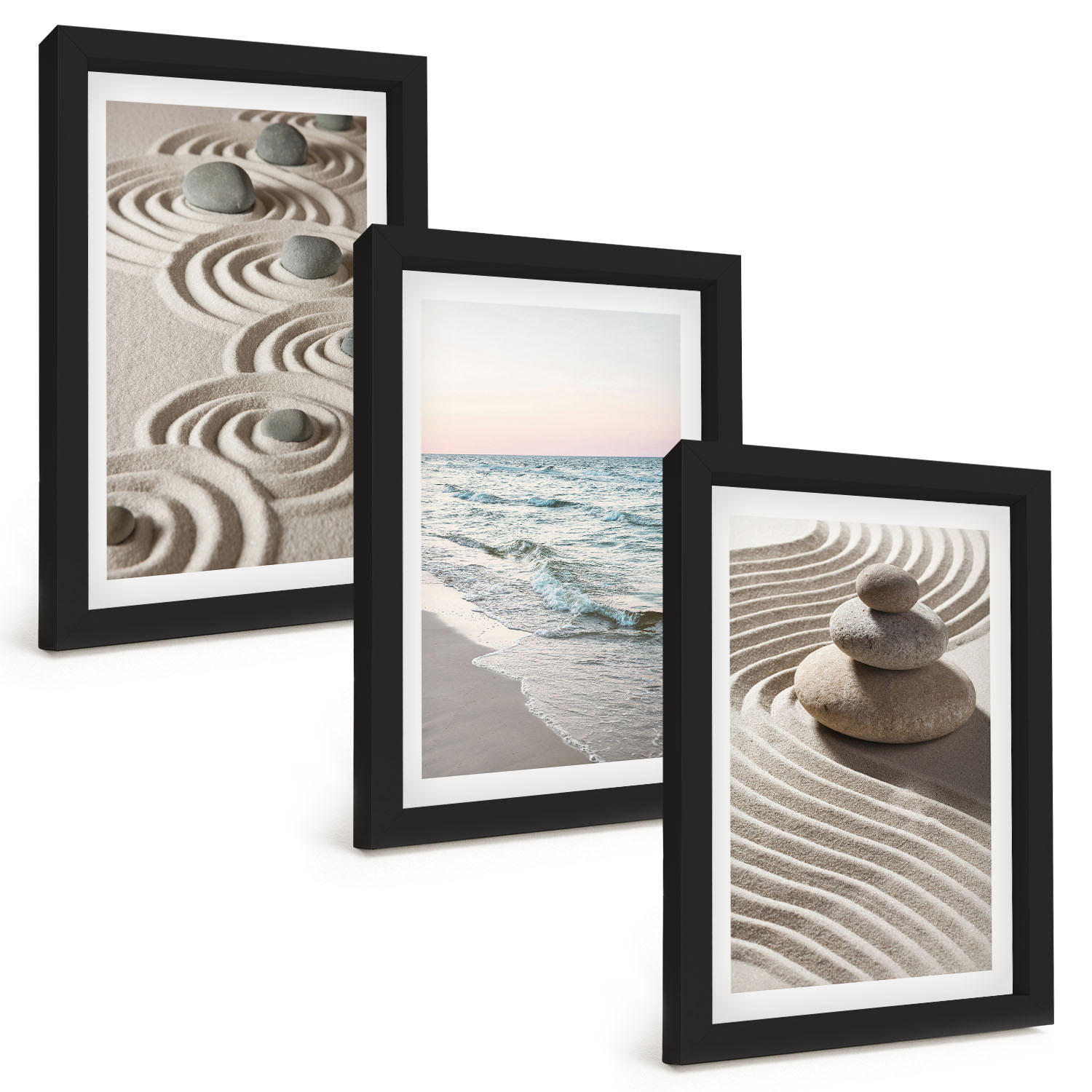 BILDER SET 3er Set - 20x30 cm Schwarzer Rahmen - Wellen, Sand, Wasser, Steine, Strand - Schwarz, Kunststoff (20/30cm) - TULUP