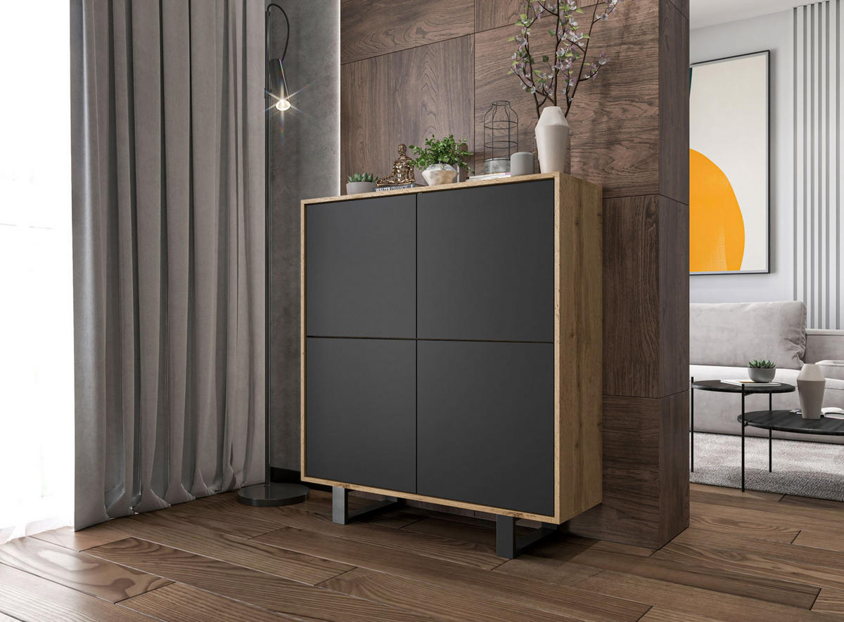 KOMMODE Apollo 4D Eiche wotan Schwarz Matt 113/127/35 cm - Schwarz, Holzwerkstoff/Metall (113/127/35cm) - Meble Lindner