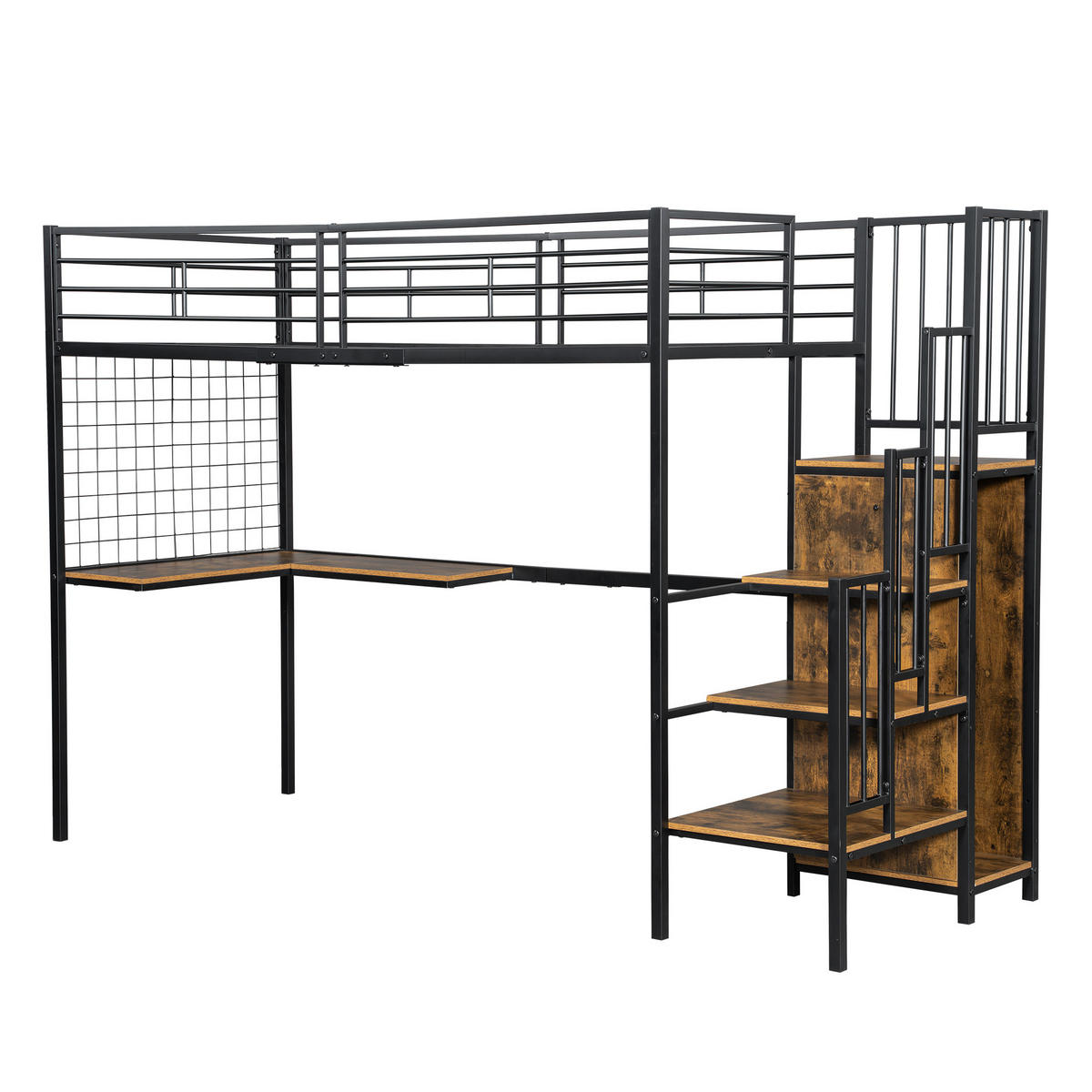 HOCHBETT 90/200 cm in Schwarz & Dunkelwalnuss mit Kleiderschrank, Tisch und Treppe im Metall-Holz-Look - Schwarz, Metall (90/200cm) - STILVORA
