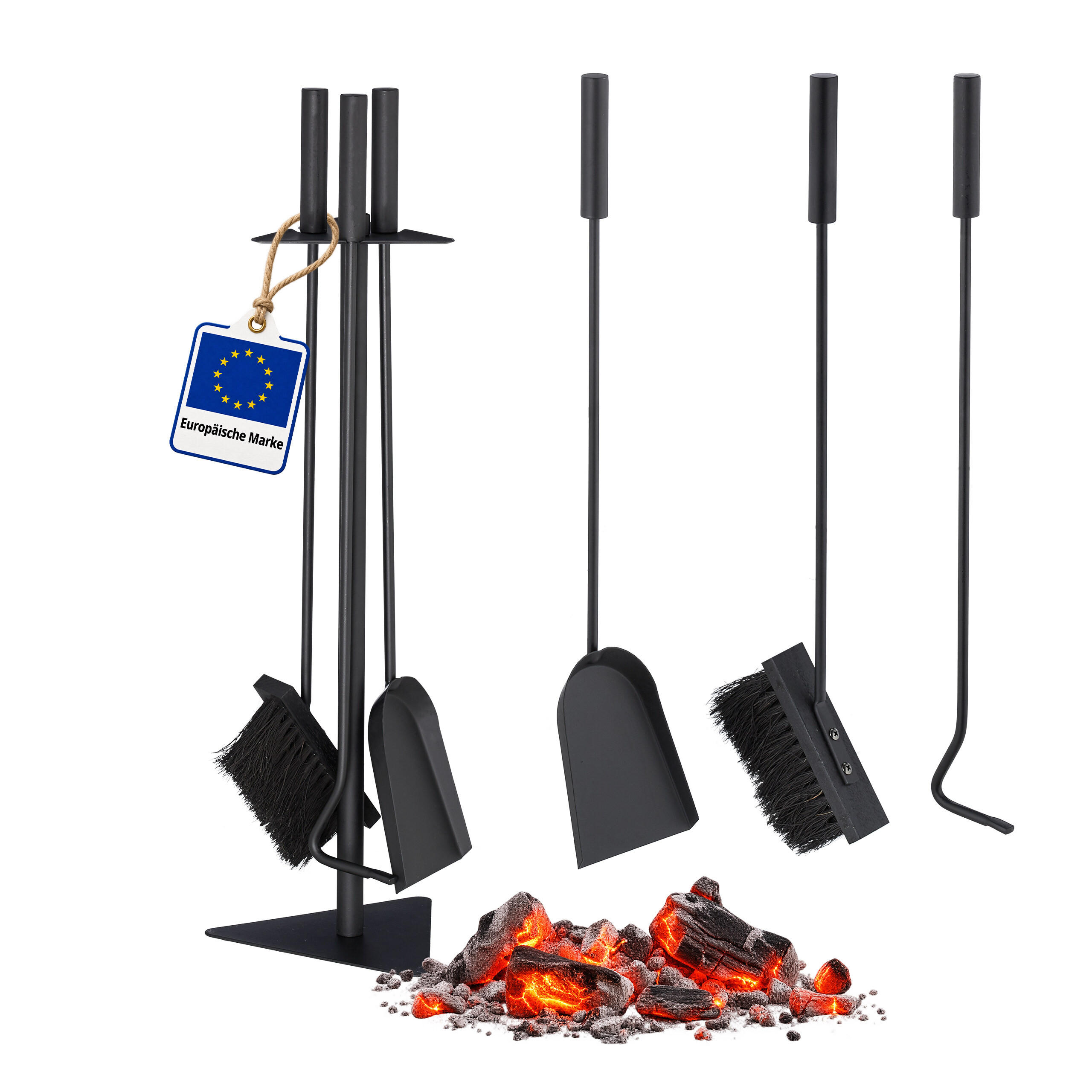 KAMINSKI PRIBOR Crni 4-dijelni čelik 60 cm - crna, metal/drvo (18.5/60/16.5cm) - Relaxdays