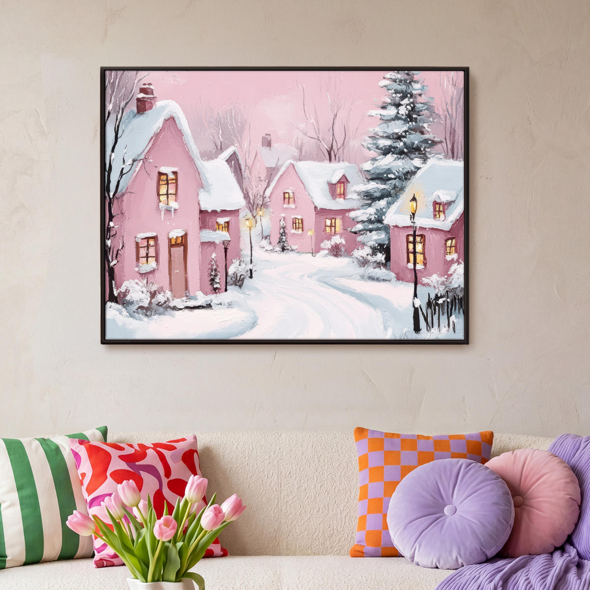 LEINWAND Bilder mit Rahmen - Weihnachtsdorf - Rosa - Winter - Schnee - Häuser - 100x70 - Altrosa, Textil (100/70cm) - MuchoWow