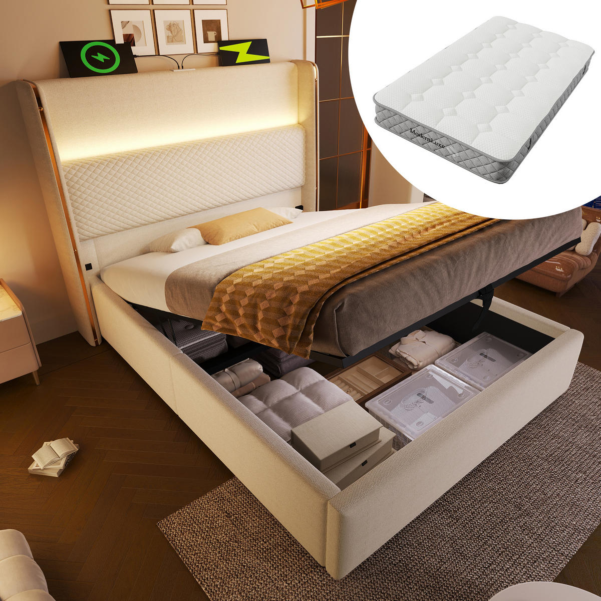 POLSTERBETT 90/200 cm in Beige Leinen mit Bettkasten, LED und USB/Type-C - Beige, Holzwerkstoff/Textil (90/200cm) - WISHDOR