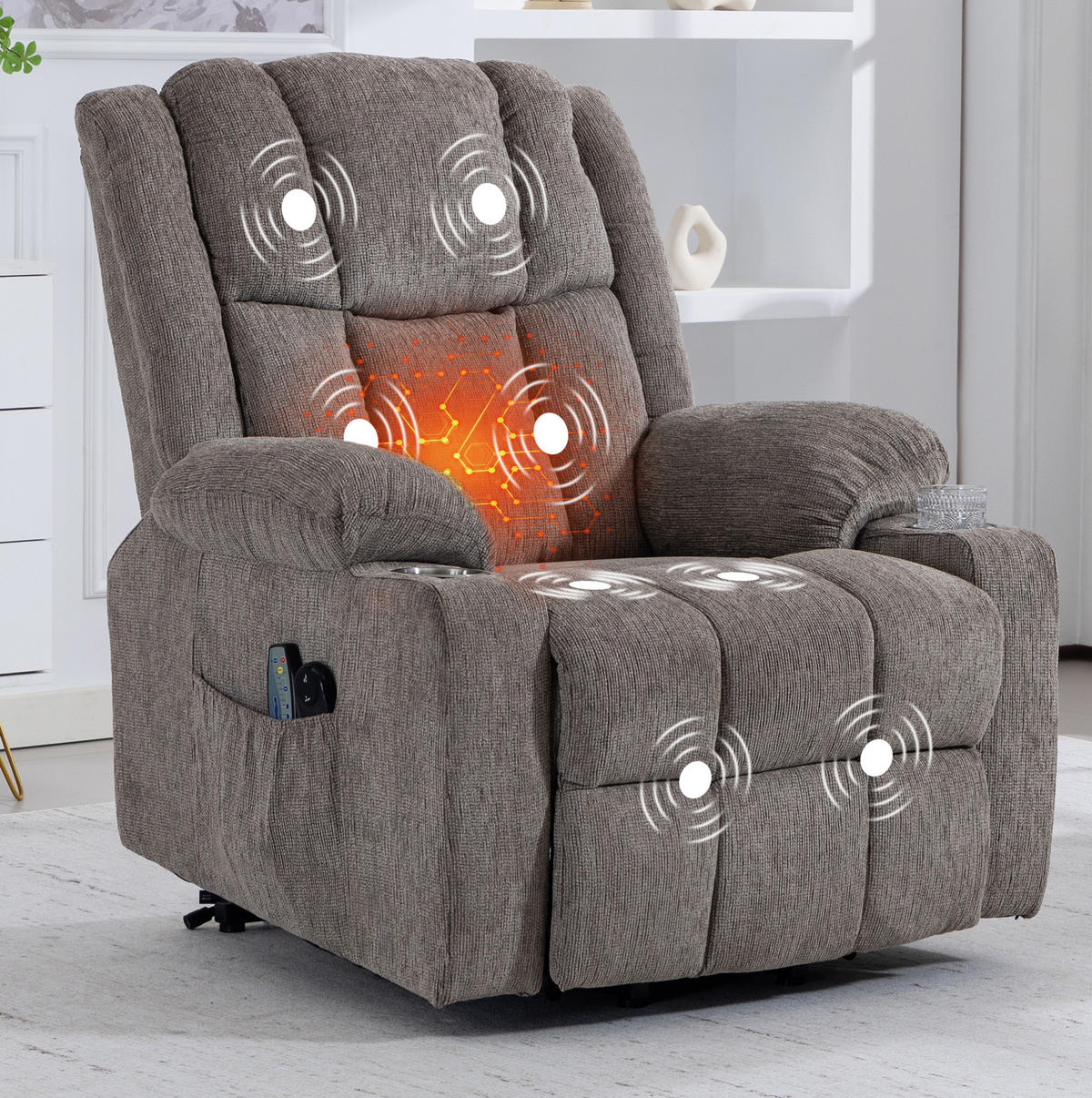 RELAXSESSEL Samt mit Aufstehhilfe, Massage, Wärmefunktion 91/84/106 cm Hellbraun - Hellbraun, Textil (84/106/91cm) - Redom
