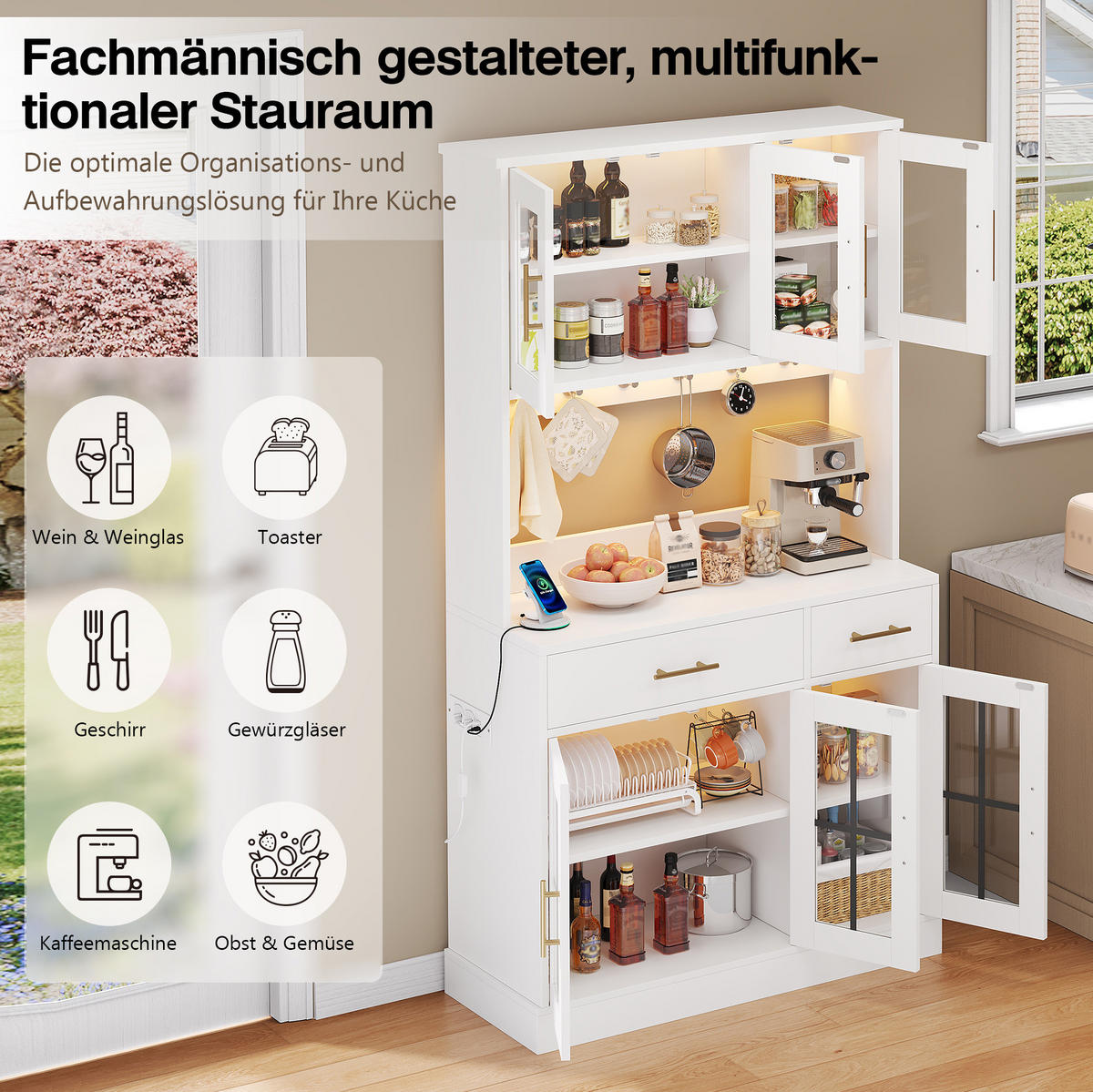 BUFFET 180/100 cm aus MDF mit LED-Lichtleisten Weiß - Weiß, Holzwerkstoff (100/180/40cm) - Modenvie