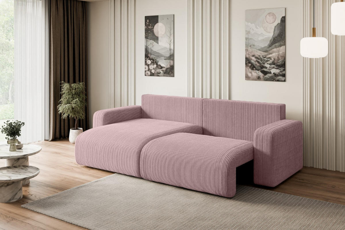 ECKSOFA mit Schlaffunktion und Bettkasten KLEEA-L - 247x143x83 cm Rosa Cord - Schwarz/Rosa, Holzwerkstoff/Kunststoff (247/143cm) - ALTDECOR