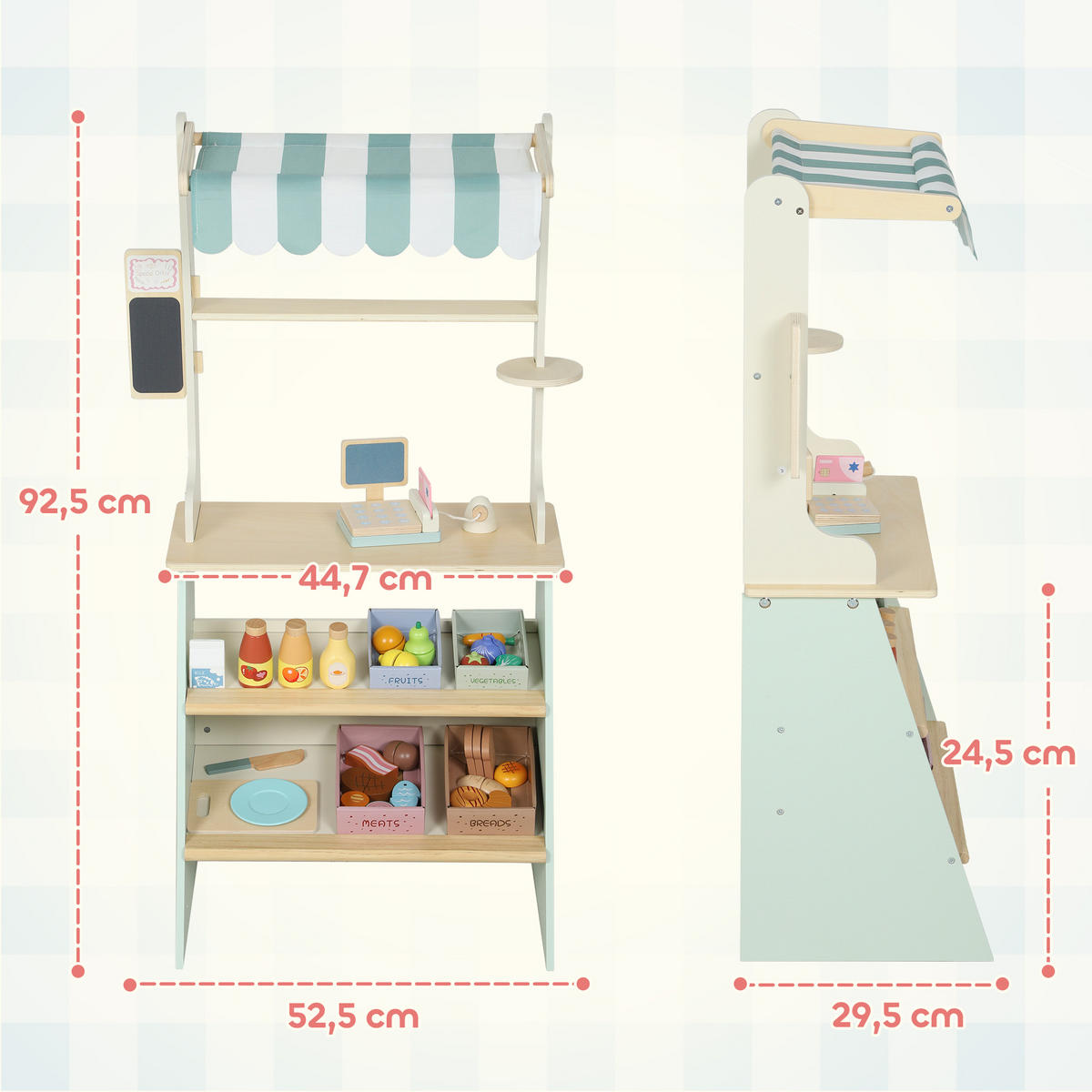 KAUFLADEN für Kinder Kaufladen Supermarkt mit Kasse Scanner Tafel Spielzubehör - Hellgrün, Holzwerkstoff (30/92.5/40cm) - AIYAPLAY