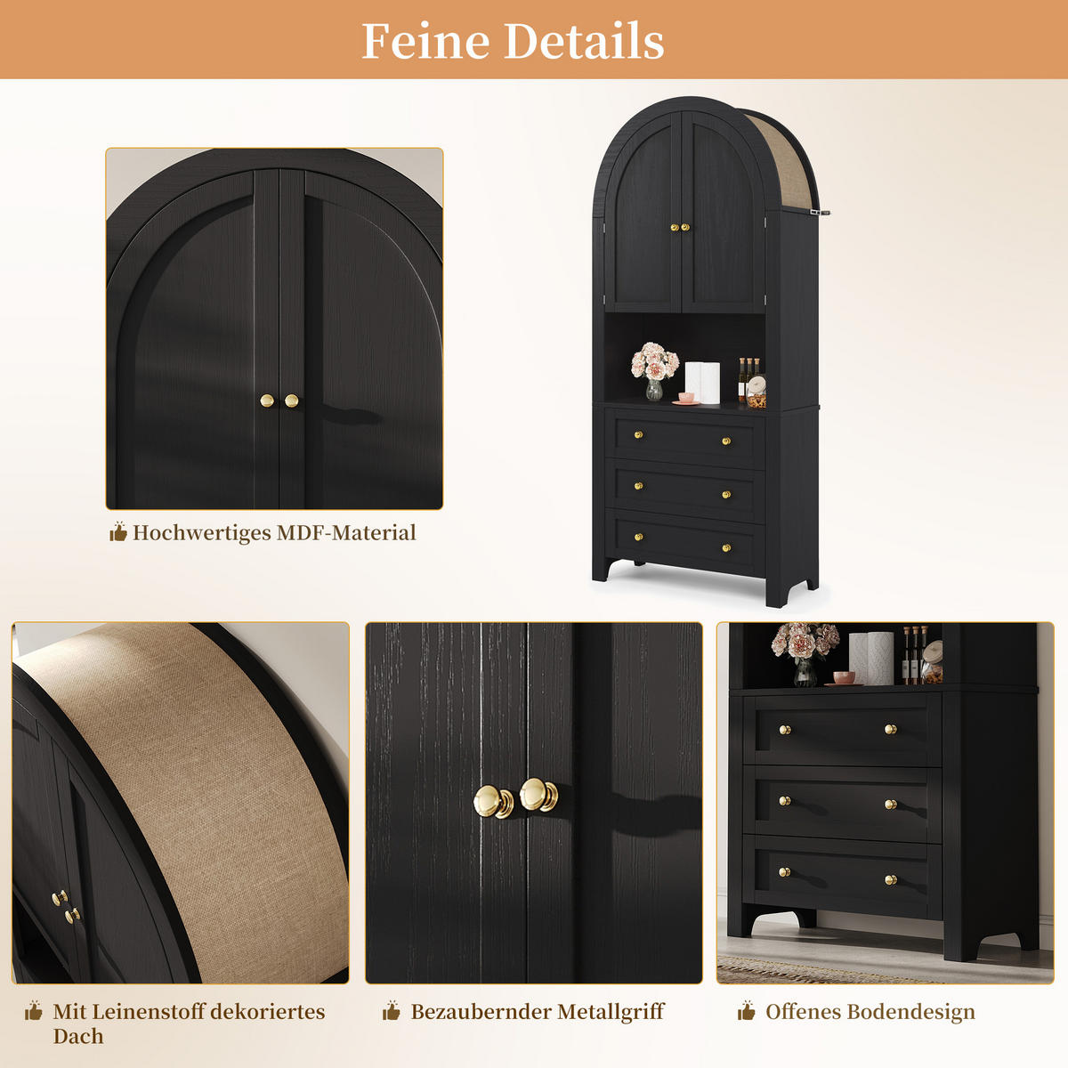 HIGHBOARD DE-38537 70/35/180 cm 3 Schubladen und Türen Schwarz - Schwarz, Holzwerkstoff (70/180/35cm) - ComfortXL