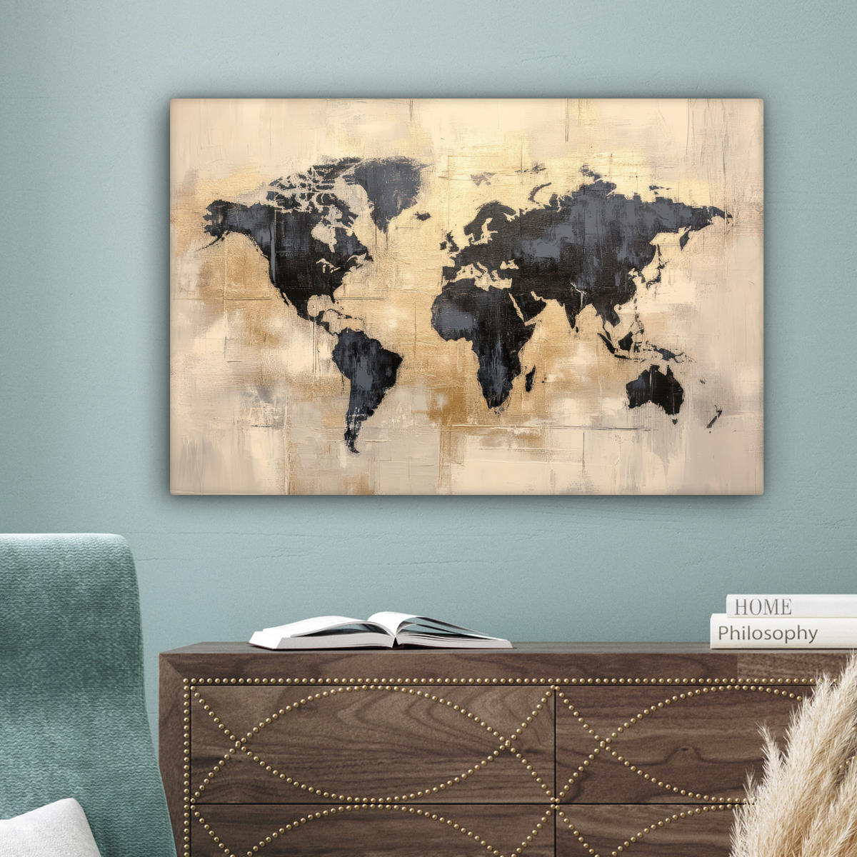 LEINWANDBILD Weltkarte - Gold - Schwarz - Abstrakt Gemälde 60x40 cm - Kupferfarben, Textil (60/40cm) - MuchoWow