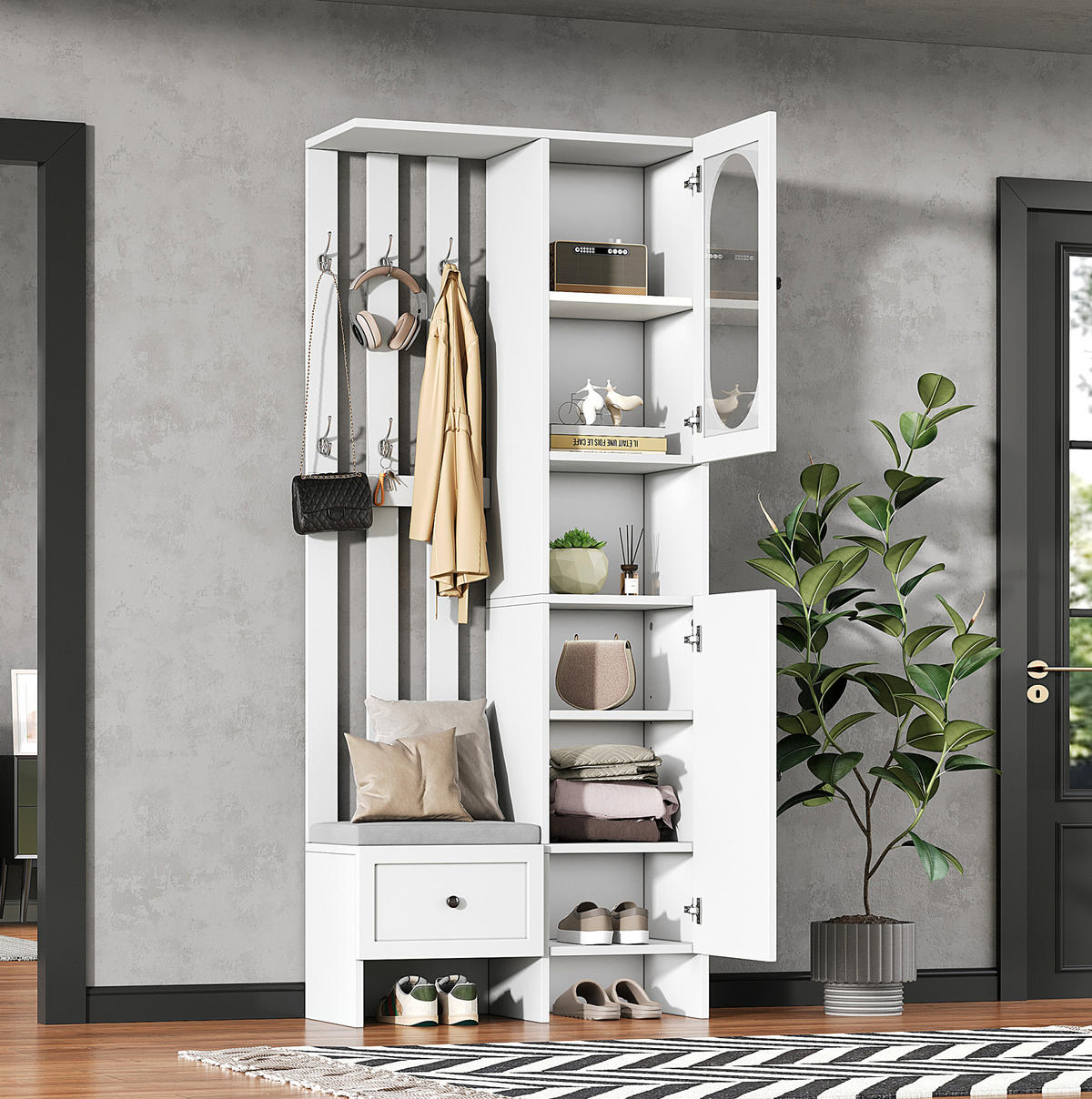 GARDEROBE mit Schuhbank 85 x 33,5 x 200 cm Weiß - Weiß, Holzwerkstoff (33.5/200/85cm) - Beauniv
