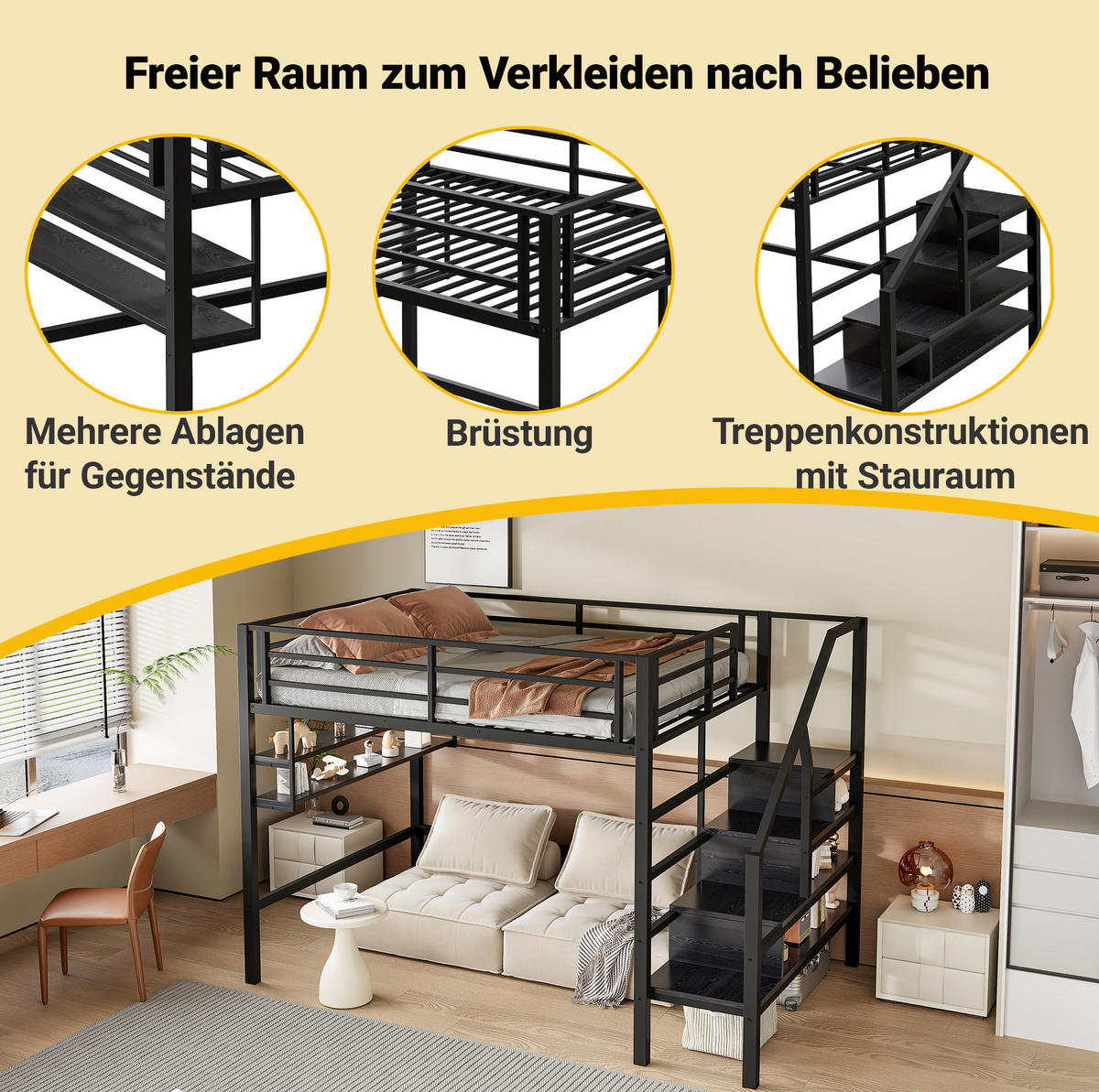HOCHBETT 140/200 cm mit Stauraumleiter, Regalfächern, Geländer und Metallgestell, Schwarz - Schwarz, Metall (140/200cm) - Redom