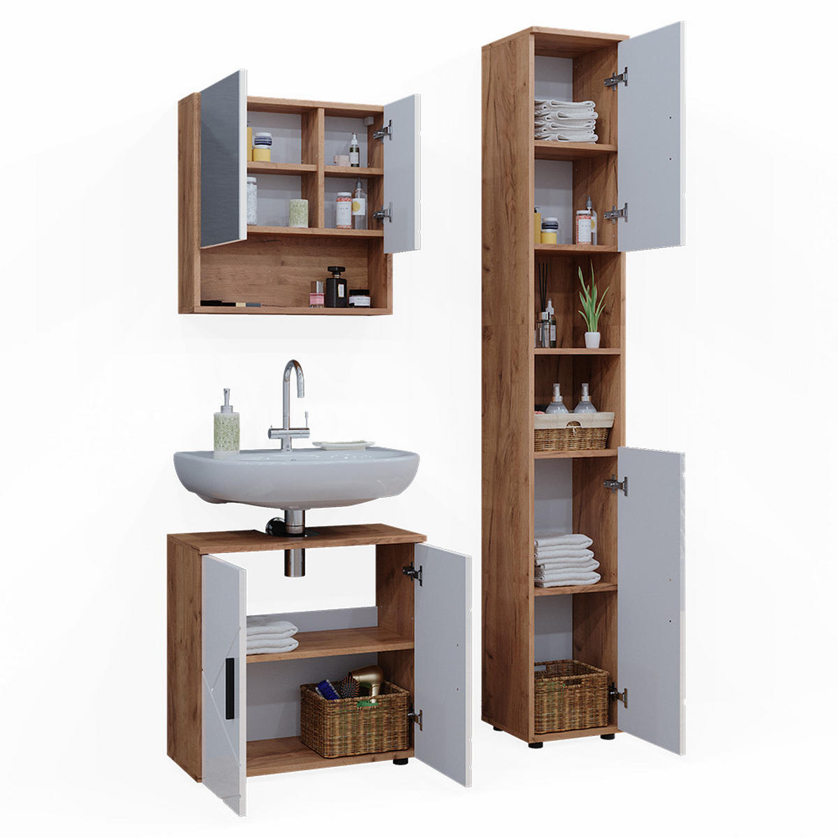 BADMÖBEL-SET Irma Weiß Hochglanz/Goldkraft Eiche 3 Teile mit Hochschrank - Weiß Hochglanz/Eiche Wotan, Holzwerkstoff (80/58.6/41cm) - Vicco