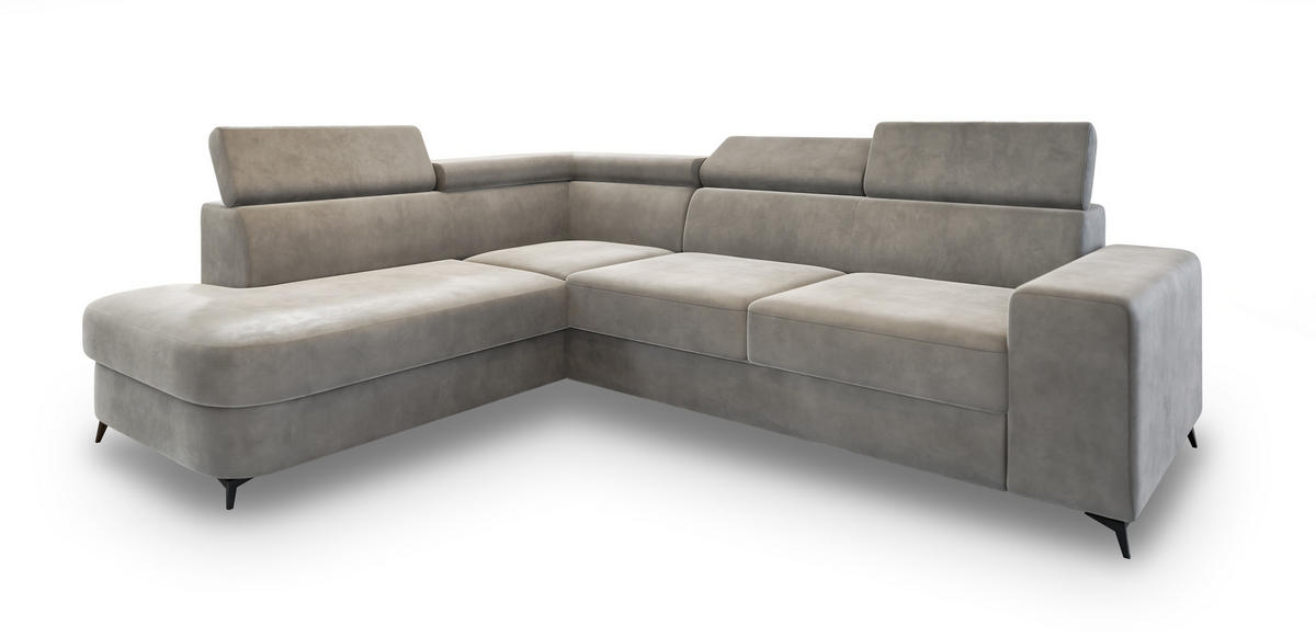 ECKSOFA ALVORO L-S Hellgrau Velours-Stoff mit Schlaffunktion - Hellgrau, Holz (253/190cm) - MASSENO