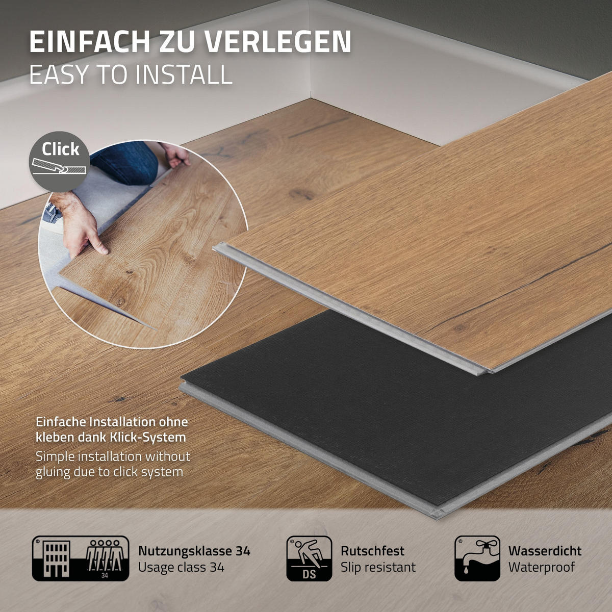 VINYLOVÁ PODLAHA s klikovým systémem 1,54 m²/7 lamel, PVC podlahová krytina, dub rustikální, vzhled dřeva - divoký dub, plast/umělá hmota (122/18/0.42cm) - ML-DESIGN