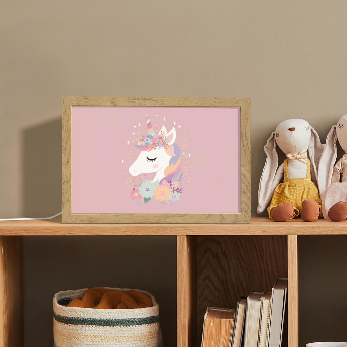 NACHTTISCHLAMPE Einhorn - Rosa - Blumen 30x20 cm - Rosa, Holzwerkstoff (8/30/20cm)