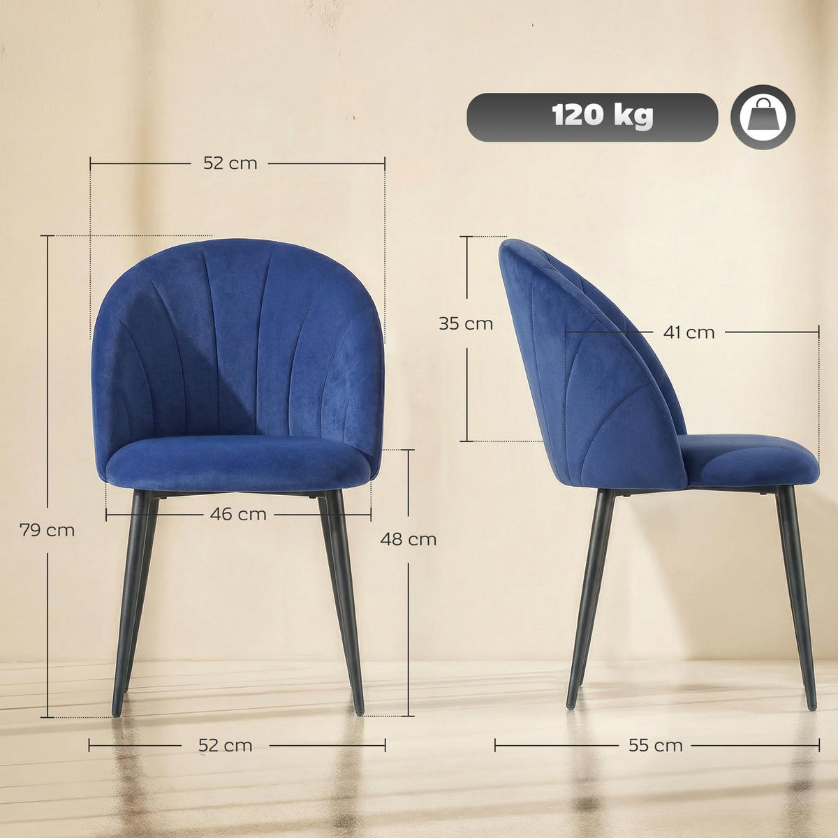 ESSZIMMERSTÜHLE 2er-Set DE-13339 Muscheldesign & Velours Blau - Blau, Metall (55/79/52cm) - ComfortXL