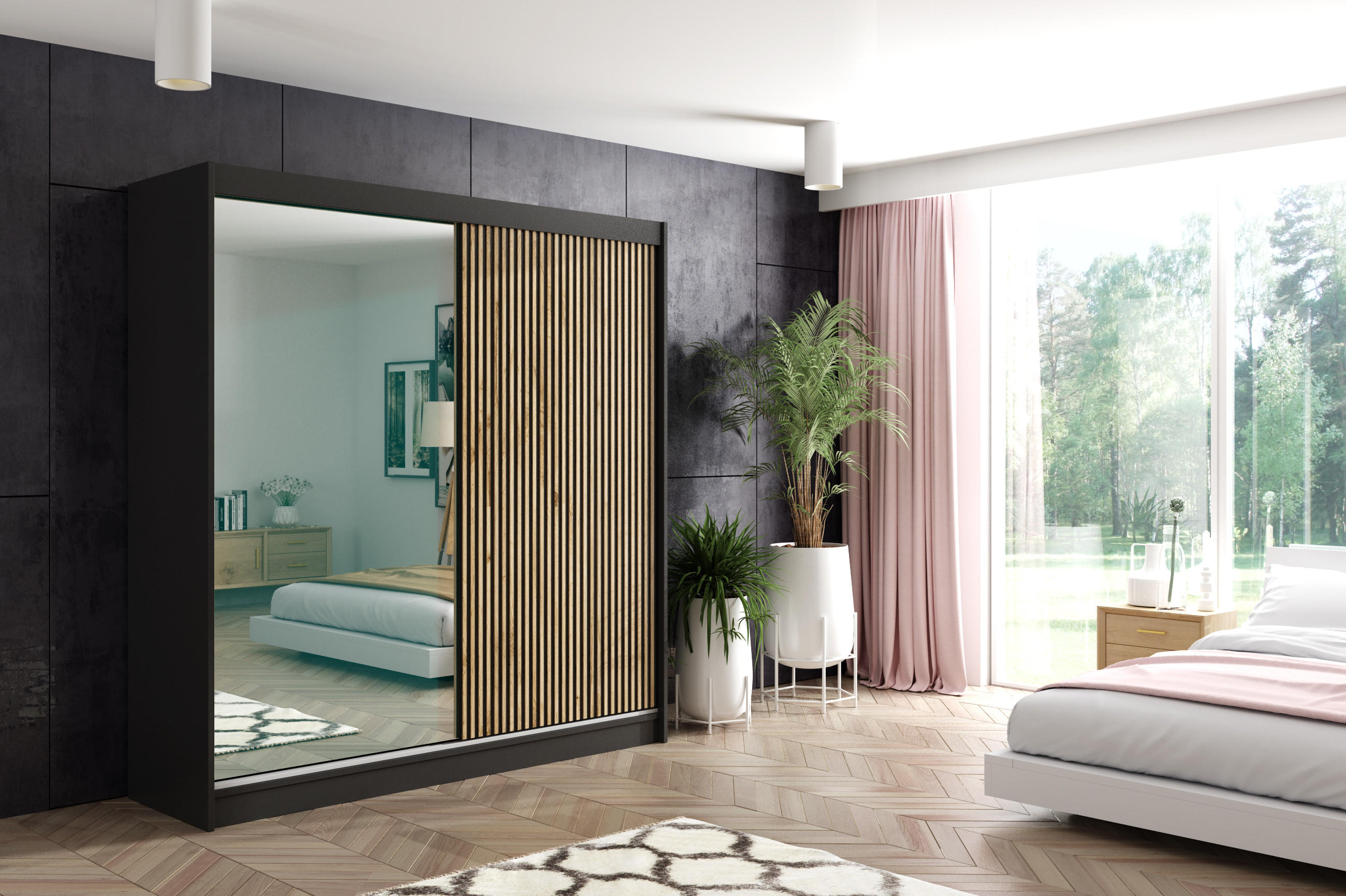 KLEIDERSCHRANK VILAN mit Spiegel - 200 cm - Schwarz|Eiche Wotan - Eiche Wotan/Schwarz, Holzwerkstoff (200/215/61cm) - ALTDECOR