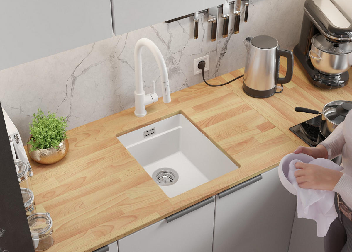 UNTERBAUSPÜLE GRANIT Praga, 2-er set Weiß 36/47 cm 1 Becken + Küchenarmatur 40/20 cm + Ablauf-Set + Aufrollbare Abtropffläche ab 40er Unterschrank - Chromfarben/Weiß, Kunststoff (36/20/47cm) - Primagran